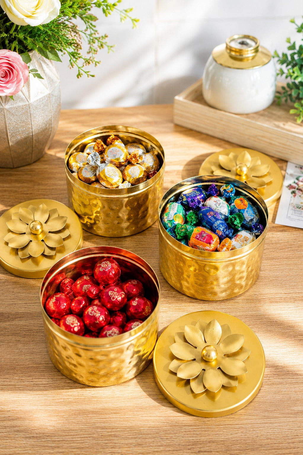 Premium 3 Piece Metal Storage Container Set with Round Serving Tray | Gold Dry Fruit, Mukhwas & Spice Container Set | Decorative Kitchen Organizer for Home, Dining & Gifting