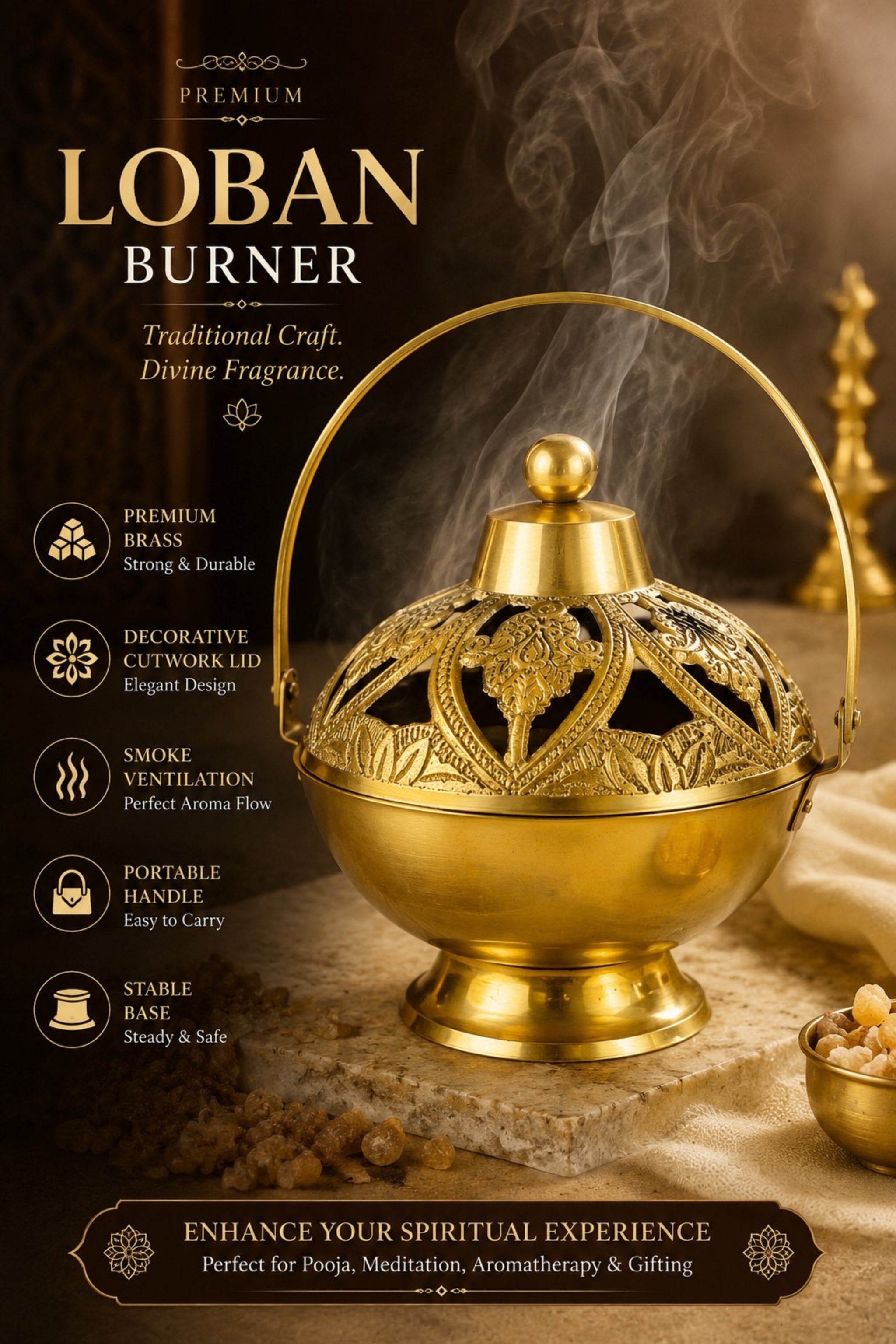 Premium Brass Metal Incense Burner with Handle | Handcrafted Dhoop Dani for Sambrani, Loban, Dhoop Cups & Resin Incense | Decorative Smoke Diffuser for Home, Temple & Pooja Room