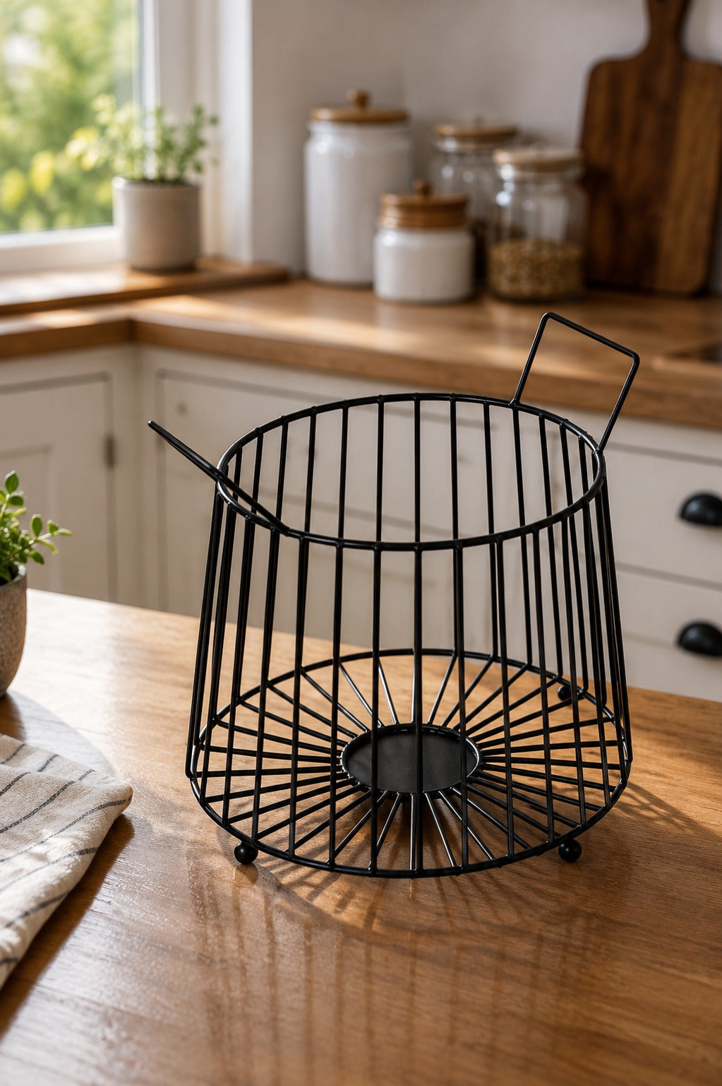 Modern Metal Fruit Basket | Round Wire Storage Basket with Handles | Decorative Kitchen & Dining Table Organizer