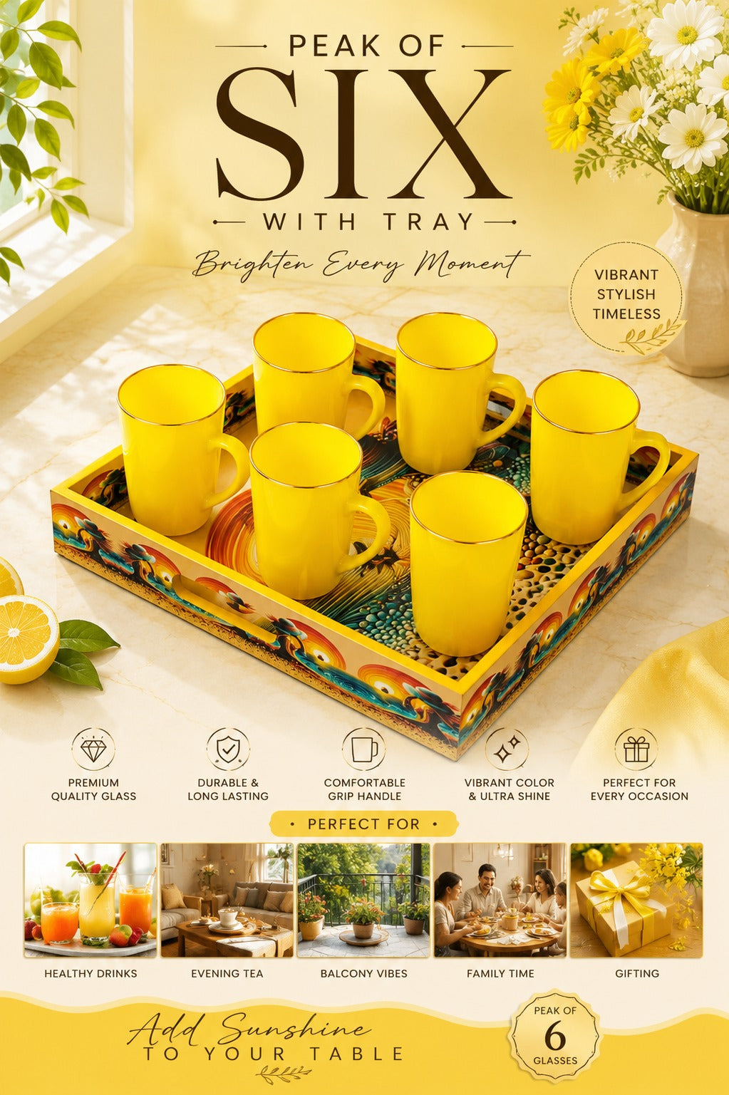 Premium 6 Yellow Glass Mug Set with Designer Serving Tray | Tea & Coffee Mug Set | Decorative Drinkware Set for Home, Office & Gifting