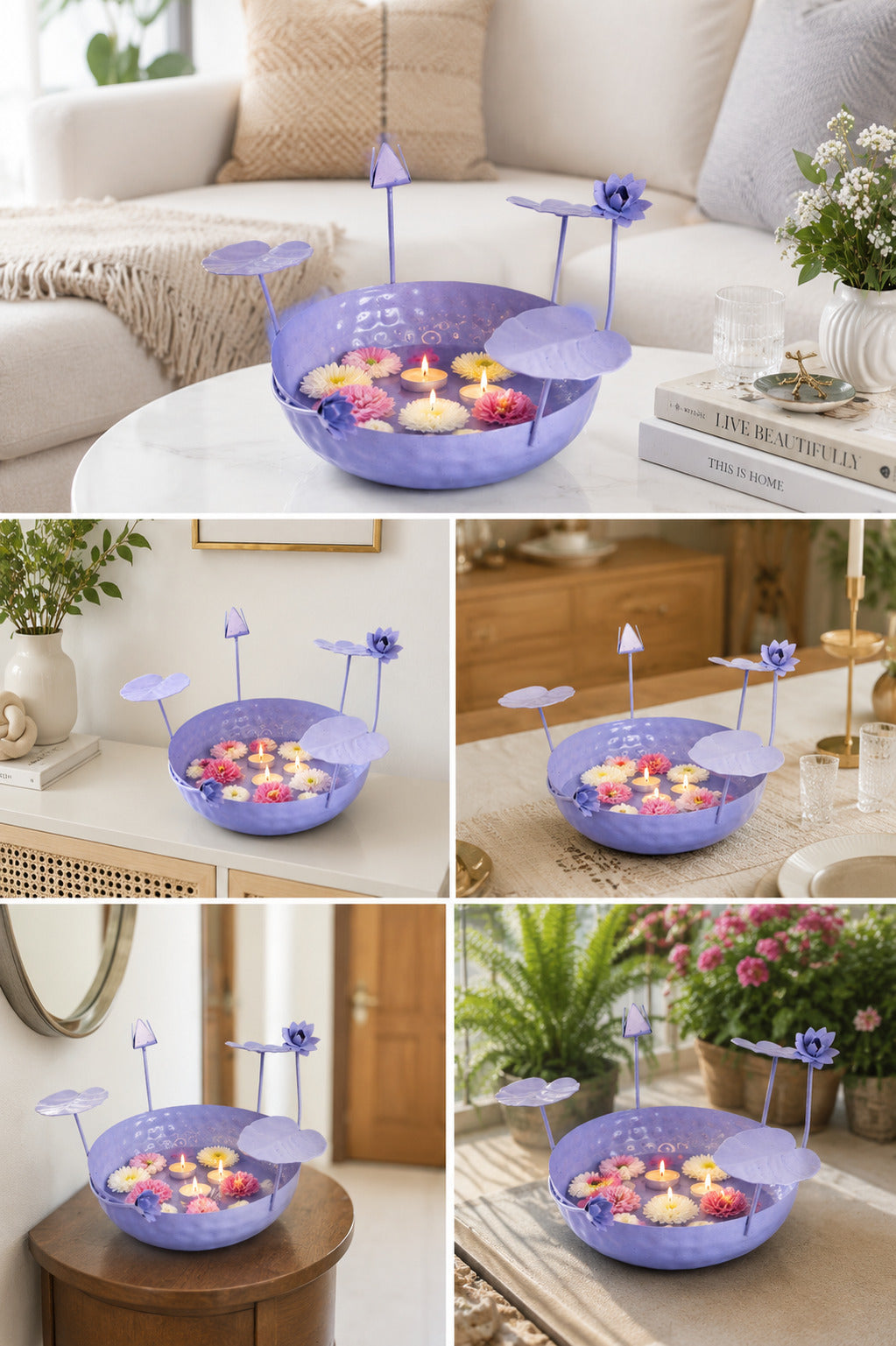 Galvanized Metal Urli Bowl for Floating Flowers & Candles | Decorative Urli with Lotus Stems for Home & Festival Decor (Lavender)