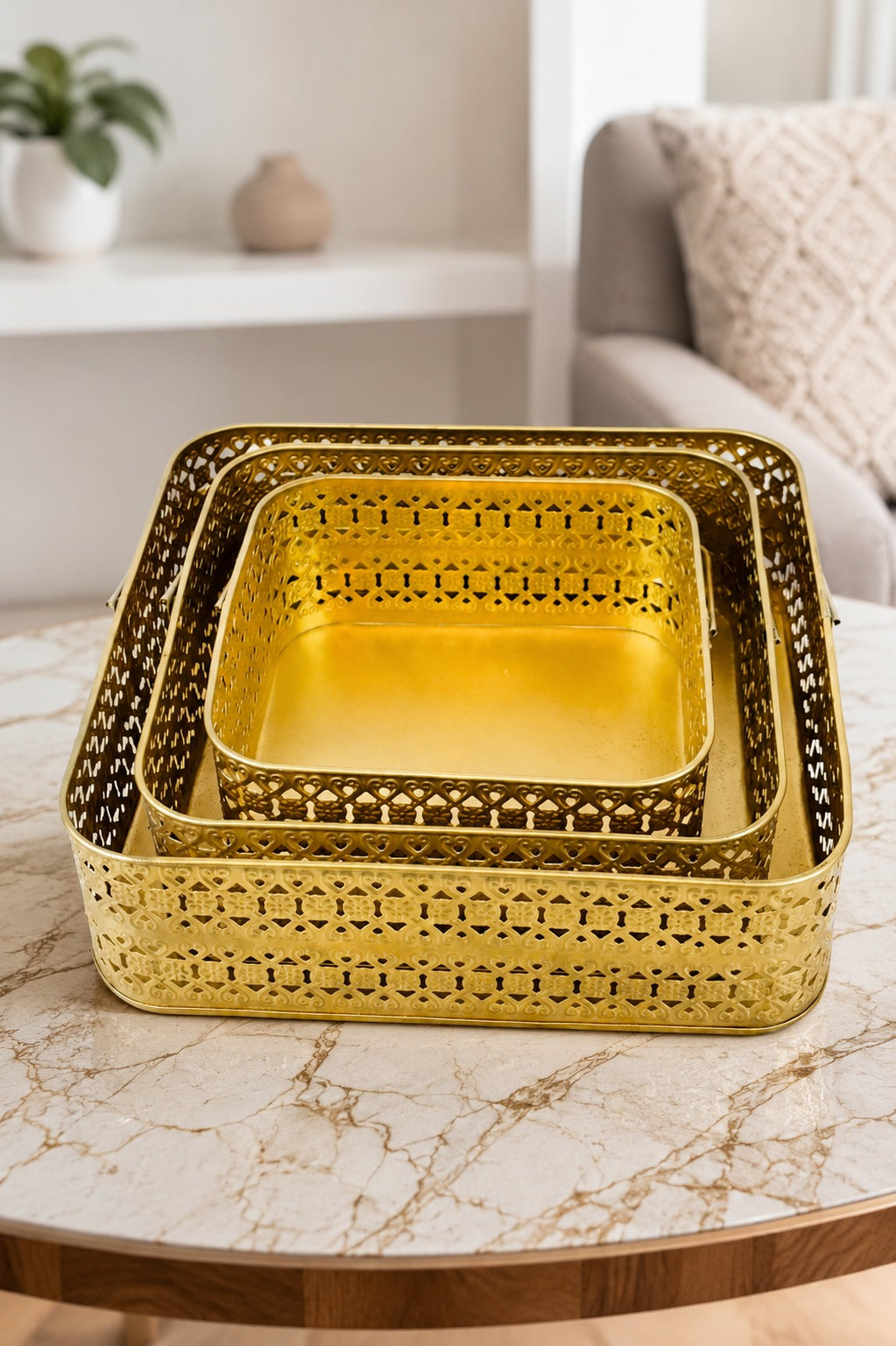Premium Golden Metal Basket Set of 3 with Handle | Large, Medium & Small Multipurpose Storage Baskets | Gift Hamper, Fruit Basket, Kitchen Organizer, Vanity & Home Decor | Gold Finish