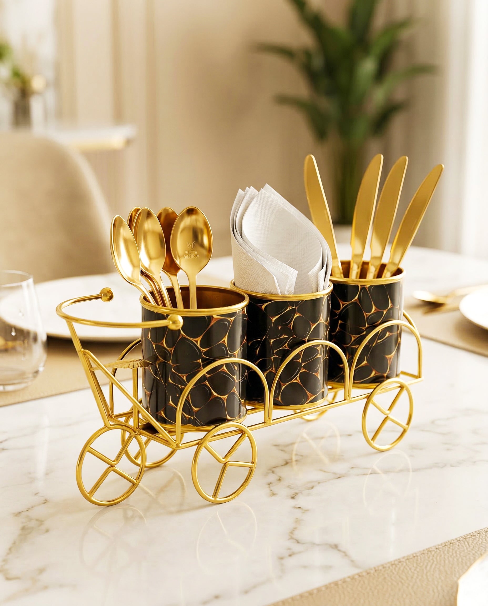 Premium Gold Metal Cutlery Holder | Set of 1 Tricycle Design 3-Compartment Spoon Fork Knife & Tissue Stand | Luxury Tabletop Organizer for Dining Table & Kitchen