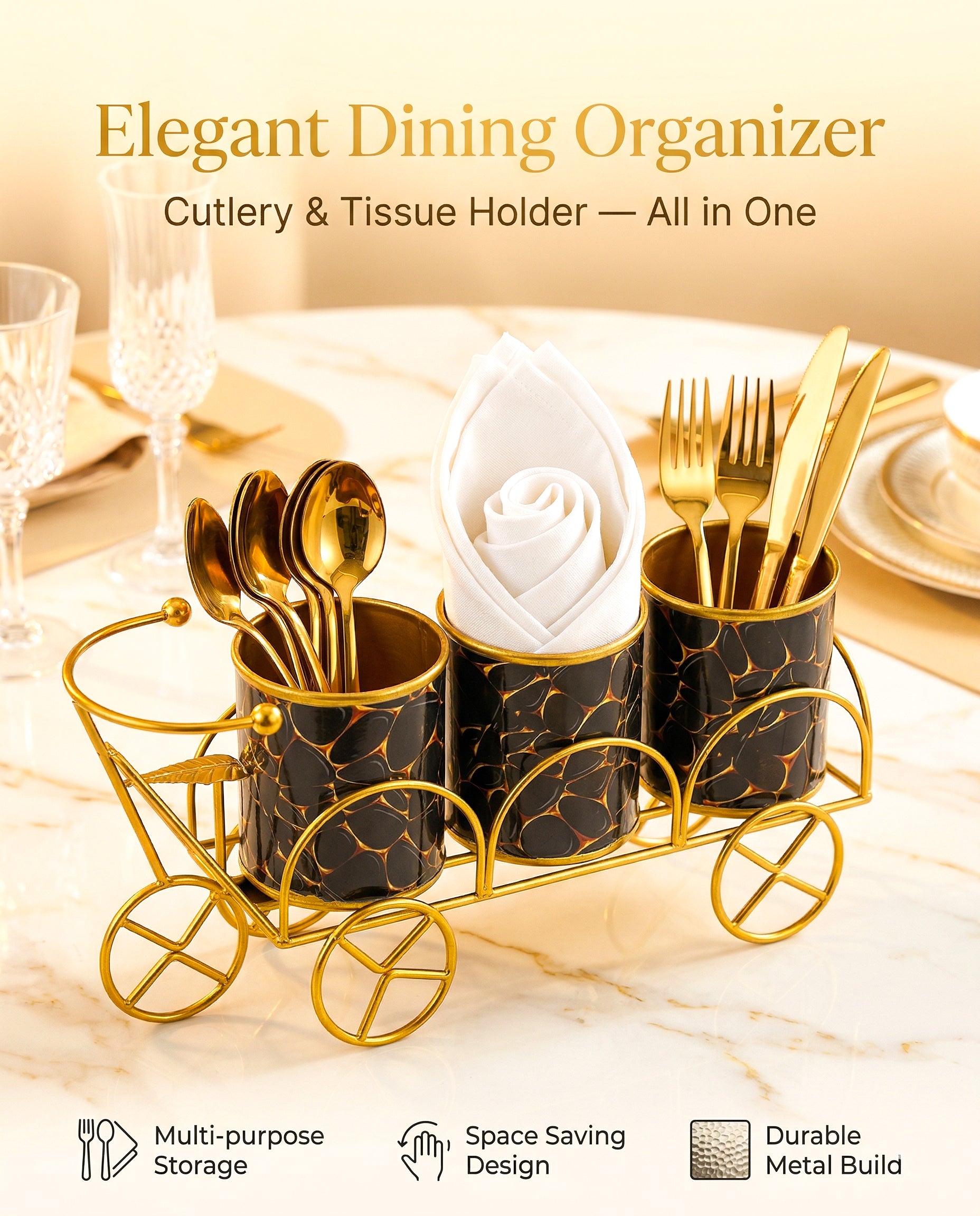 Premium Gold Metal Cutlery Holder | Set of 1 Tricycle Design 3-Compartment Spoon Fork Knife & Tissue Stand | Luxury Tabletop Organizer for Dining Table & Kitchen