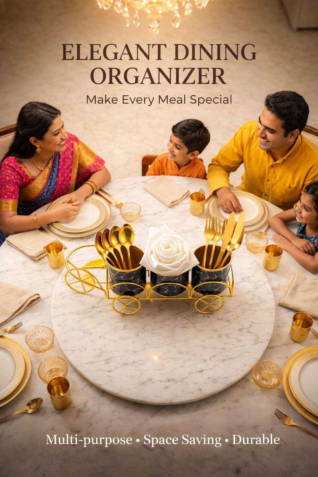 Premium Gold Metal Cutlery Holder | Set of 1 Tricycle Design 3-Compartment Spoon Fork Knife & Tissue Stand | Luxury Tabletop Organizer for Dining Table & Kitchen