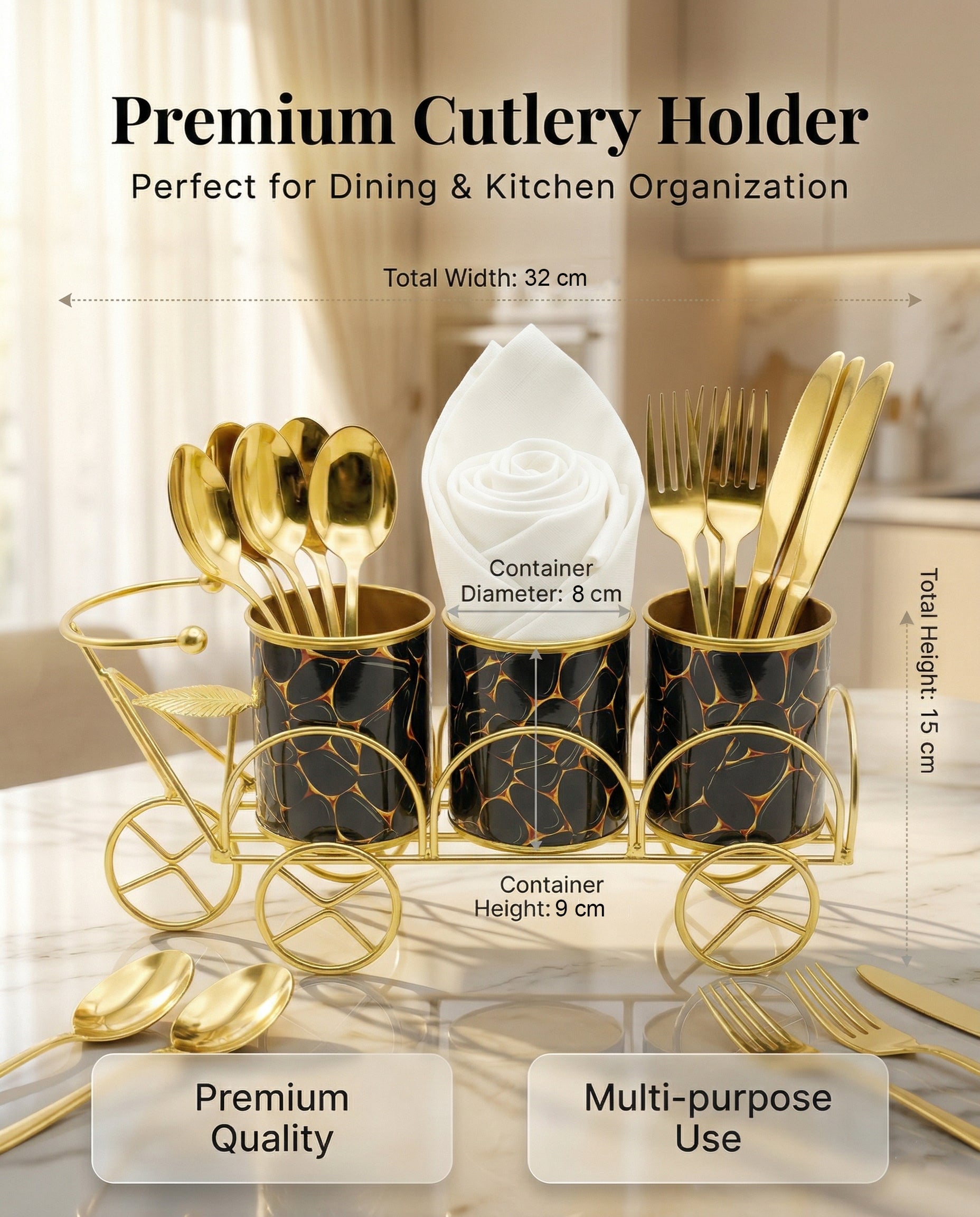 Premium Gold Metal Cutlery Holder | Set of 1 Tricycle Design 3-Compartment Spoon Fork Knife & Tissue Stand | Luxury Tabletop Organizer for Dining Table & Kitchen