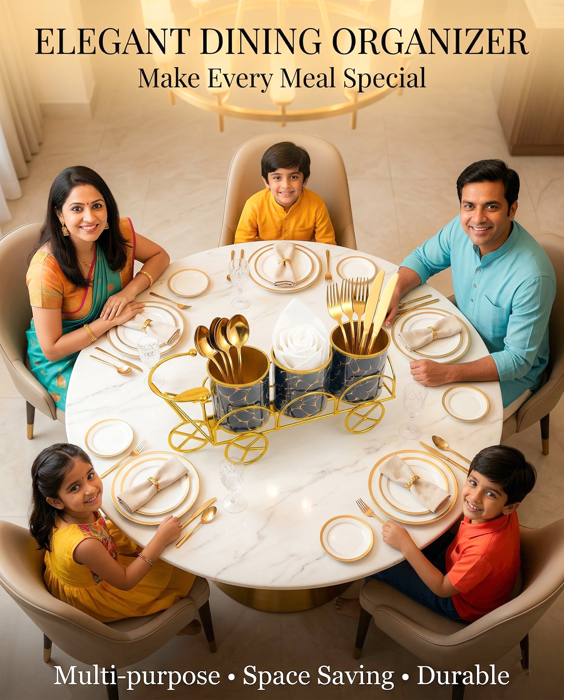 Premium Gold Metal Cutlery Holder | Set of 1 Tricycle Design 3-Compartment Spoon Fork Knife & Tissue Stand | Luxury Tabletop Organizer for Dining Table & Kitchen