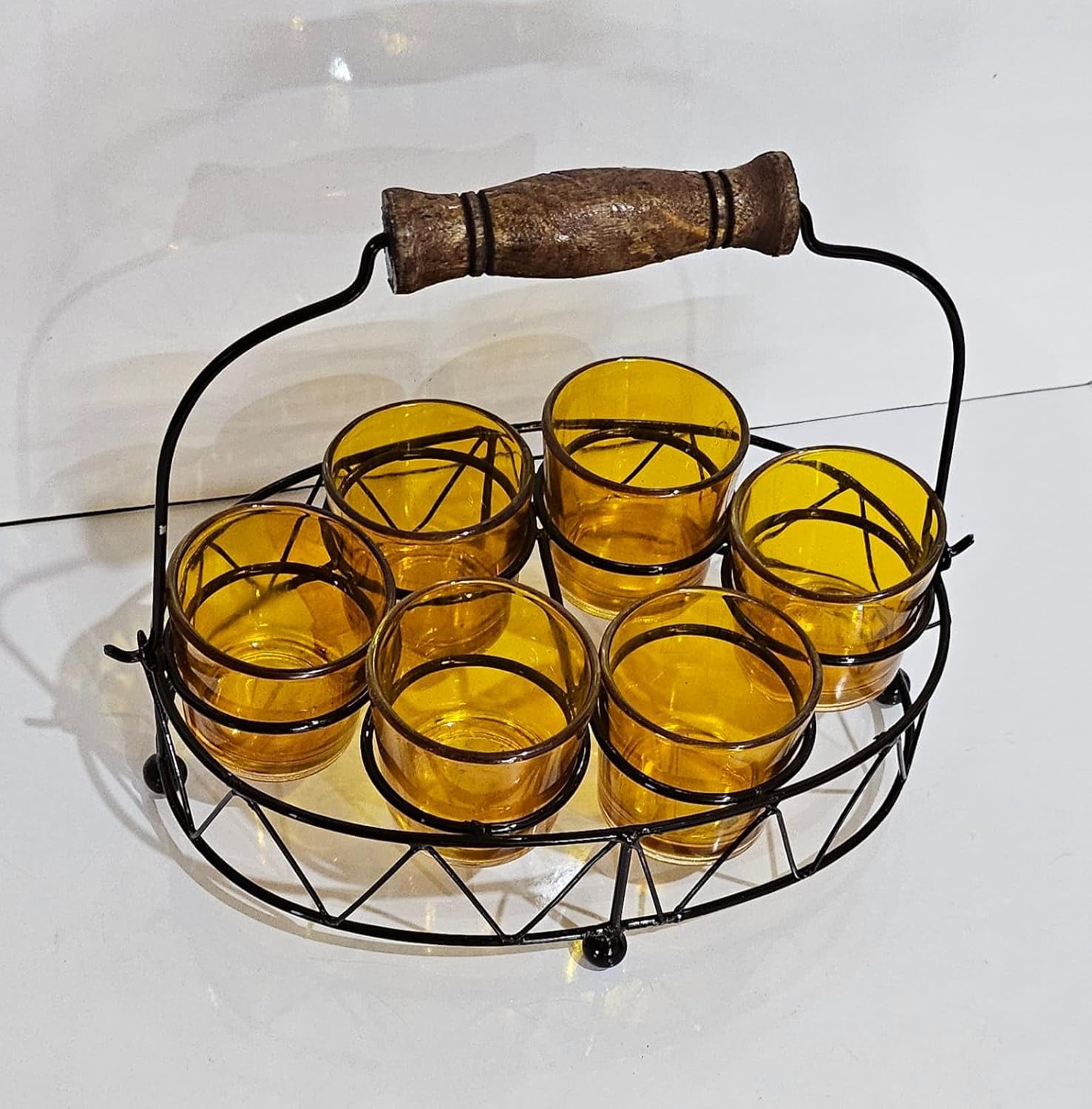 Premium Shot Glass Set of 6 with Metal Stand | 40ml Mini Whisky Vodka Tequila Glasses with Wooden Handle Carrier | Dhaba Style Serving Set for Home Bar & Parties