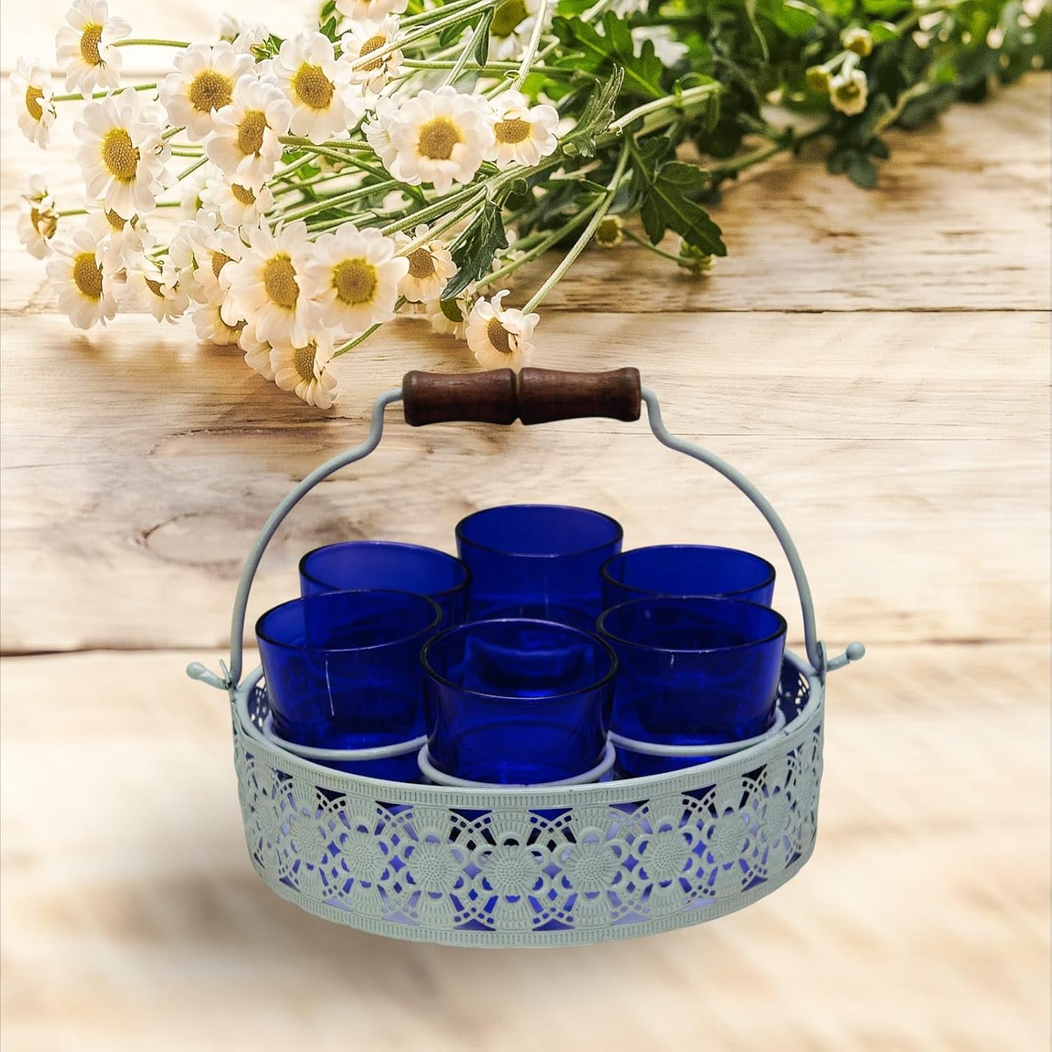 Shot Glasses Set of 6 with Holder | 40 ML Mini Whisky Vodka Shot Glasses with Metal Stand & Wooden Handle | Dhaba Style Serving Set for Home, Bar & Parties