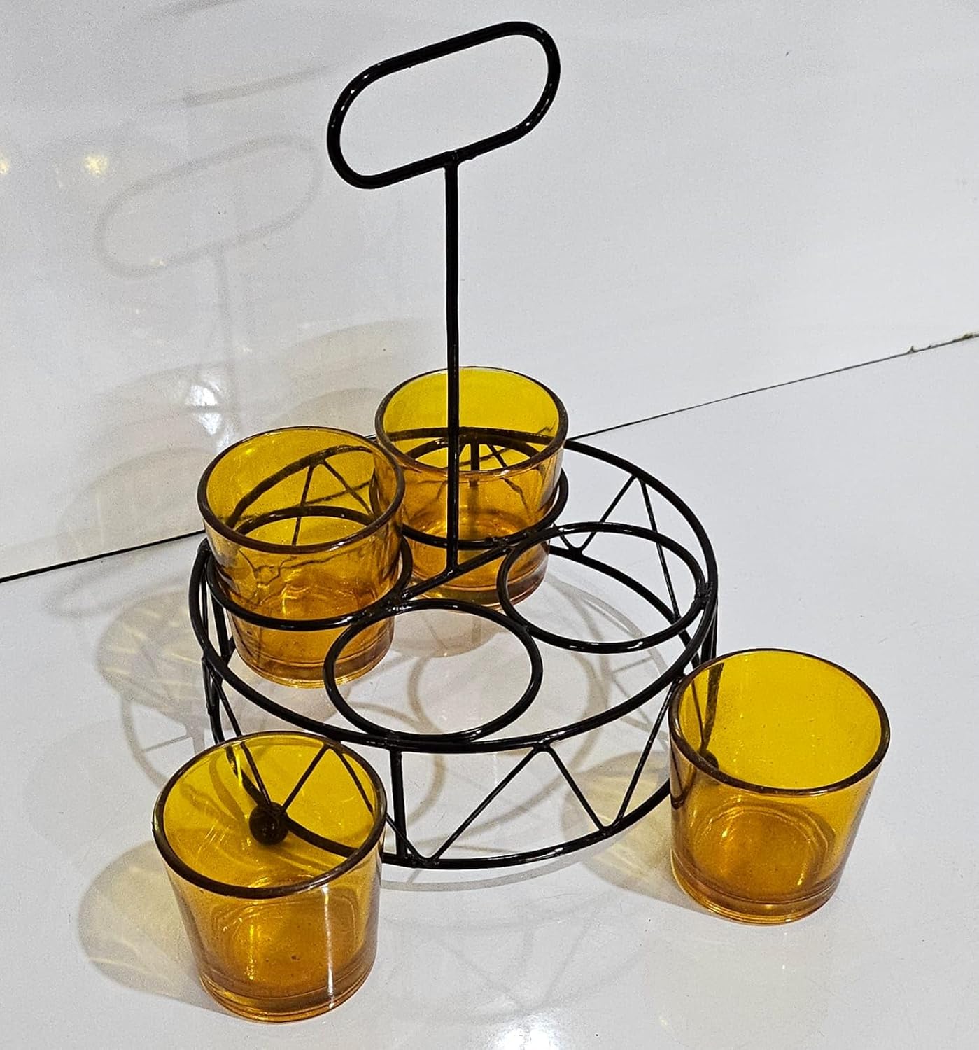 Shot Glass Set Of 4 With Metal Stand | Amber Glass Mini Shot Cups With Round Iron Holder | Dhaba Style Serving Set For Vodka Tequila Whiskey