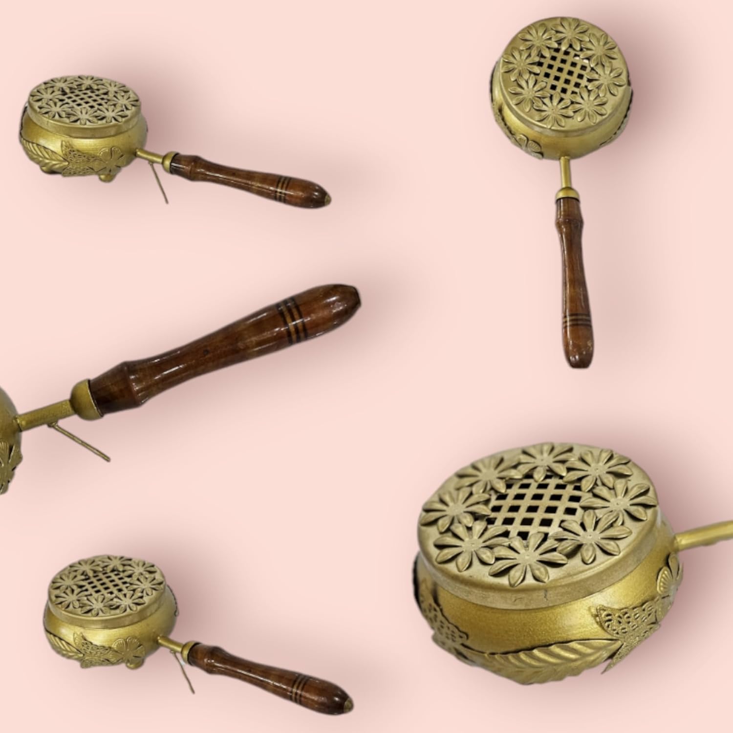 Brass Loban Incense Burner with Wooden Handle | Floral Design Dhoop Dani Dhuni Sambrani Bakhoor Burner | Handheld Incense Holder