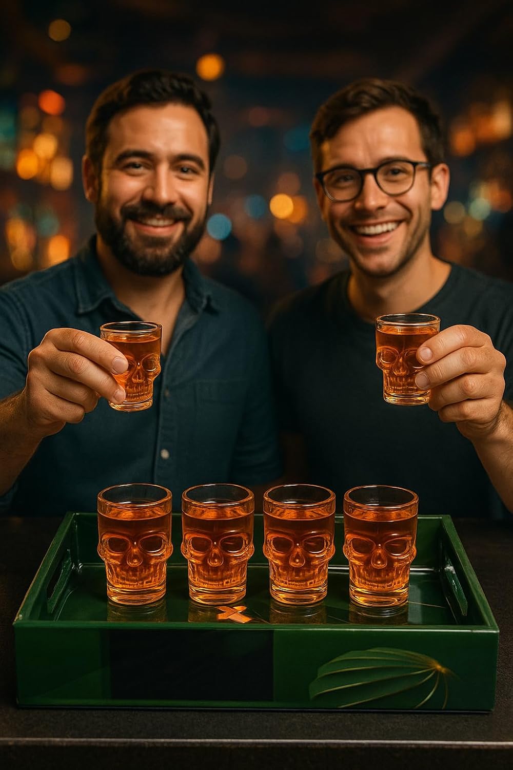 Skull Shot Glass Set Of 6 With MDF Resin Tray | 50ml Clear Skull Design Glasses For Vodka, Whiskey, Tequila & Cocktails | Barware Set For Parties & Gifting