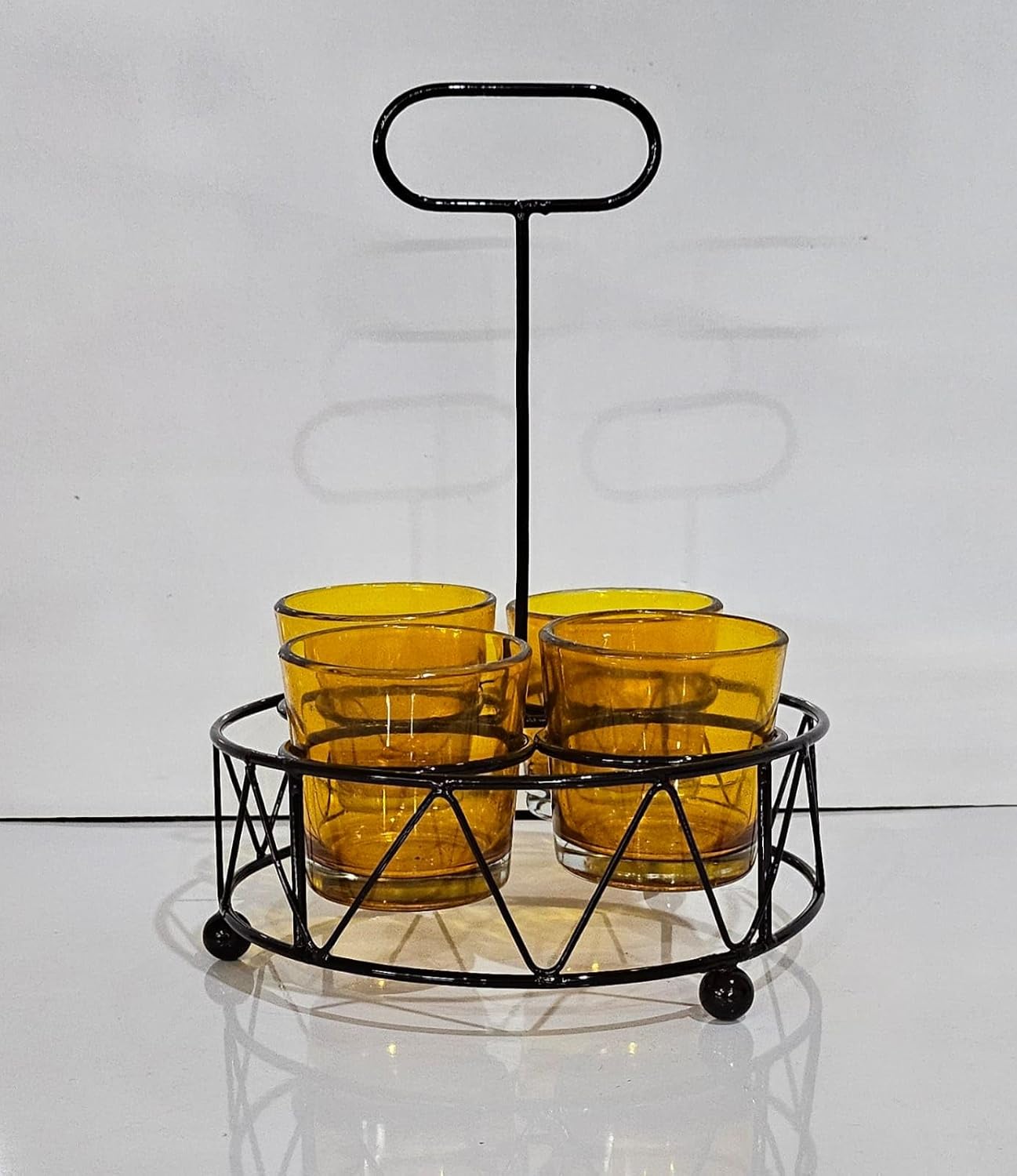 Shot Glass Set Of 4 With Metal Stand | Amber Glass Mini Shot Cups With Round Iron Holder | Dhaba Style Serving Set For Vodka Tequila Whiskey
