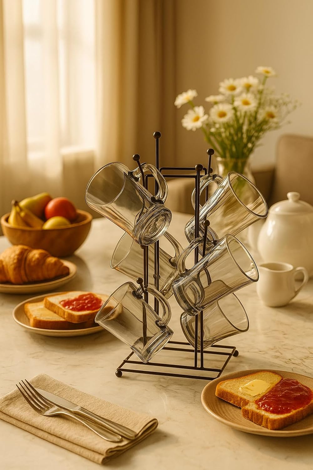 Premium Smokey Glass Mug Set Of 6 With Metal Stand | Transparent Borosilicate Coffee & Tea Cups With Holder | Space Saving Mug Stand For Kitchen & Home