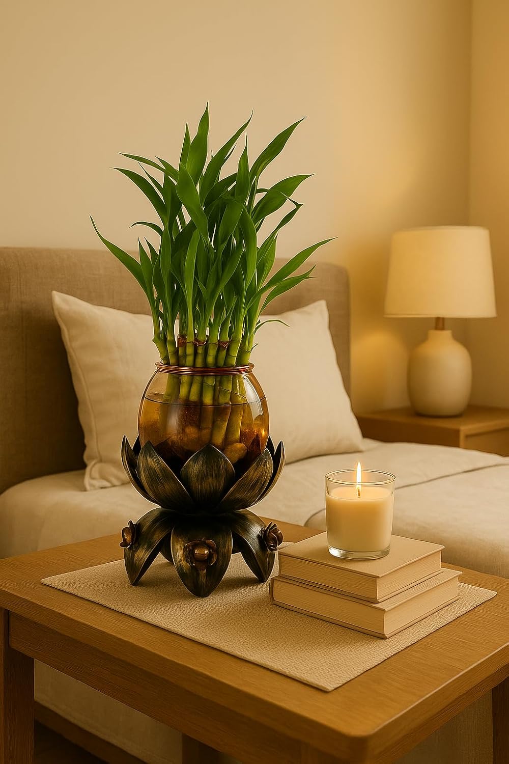 Lucky Bamboo Plant with Lotus Metal Base & Glass Vase | Decorative Indoor Planter for Home & Office Décor