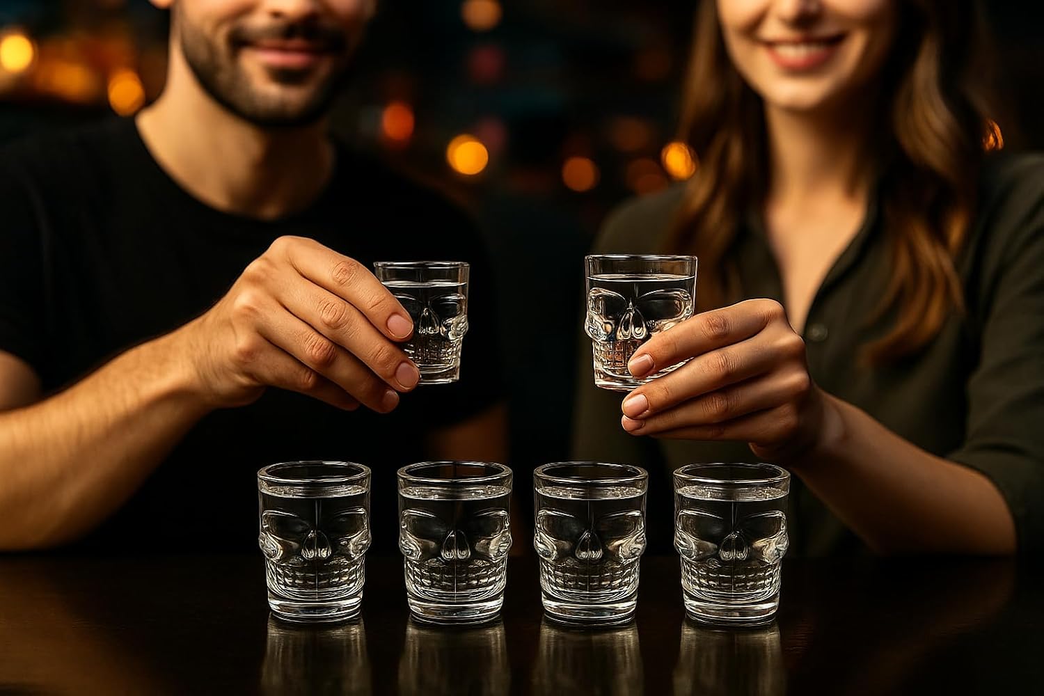 Skull Shot Glass Set Of 6 With MDF Resin Tray | 50ml Clear Skull Design Glasses For Vodka, Whiskey, Tequila & Cocktails | Barware Set For Parties & Gifting