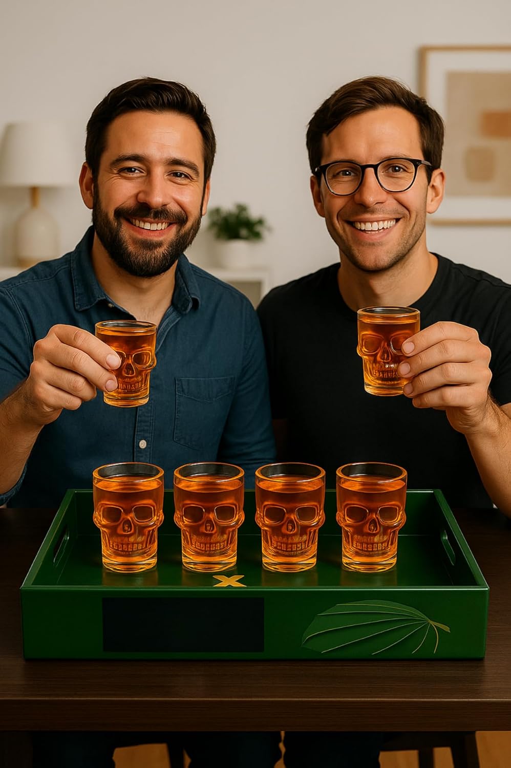 Skull Shot Glass Set Of 6 With MDF Resin Tray | 50ml Clear Skull Design Glasses For Vodka, Whiskey, Tequila & Cocktails | Barware Set For Parties & Gifting