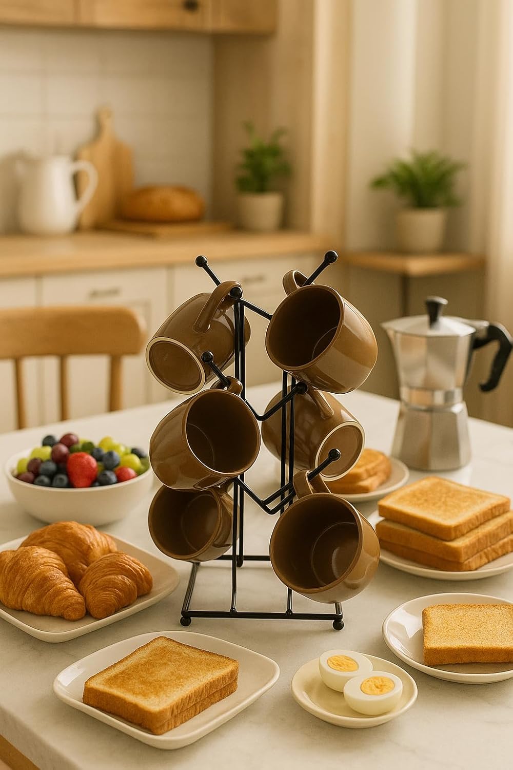 Porcelain Coffee Mug Set Of 6 With Metal Stand | 180ml Brown Ceramic Tea & Coffee Cups For Home, Office & Gifting | Microwave & Dishwasher Safe