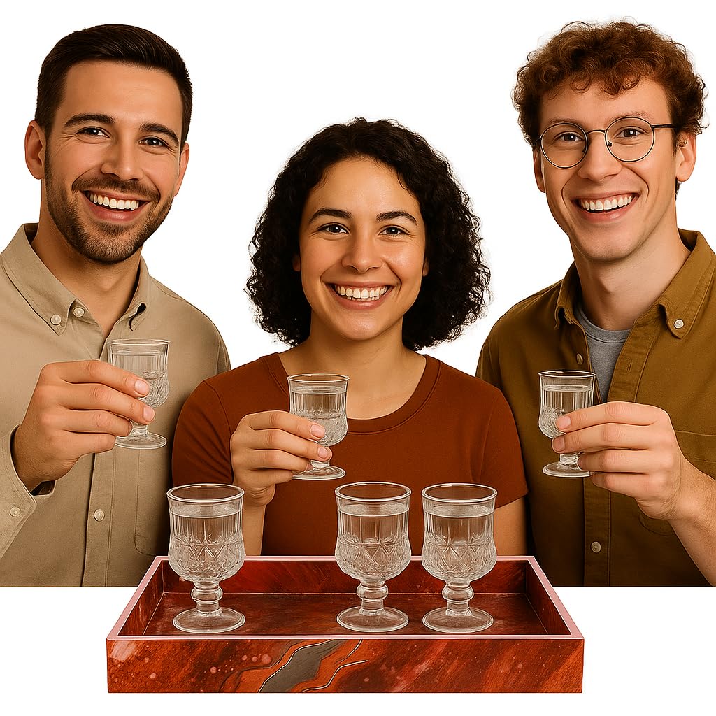Premium Shot Glass Set Of 6 With MDF Resin Tray | Clear Designer Liqueur Glasses For Vodka, Whiskey, Tequila & Cocktails | Barware Set For Home & Parties