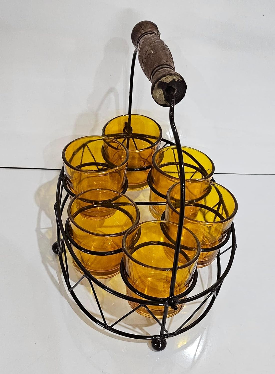Premium Shot Glass Set of 6 with Metal Stand | 40ml Mini Whisky Vodka Tequila Glasses with Wooden Handle Carrier | Dhaba Style Serving Set for Home Bar & Parties