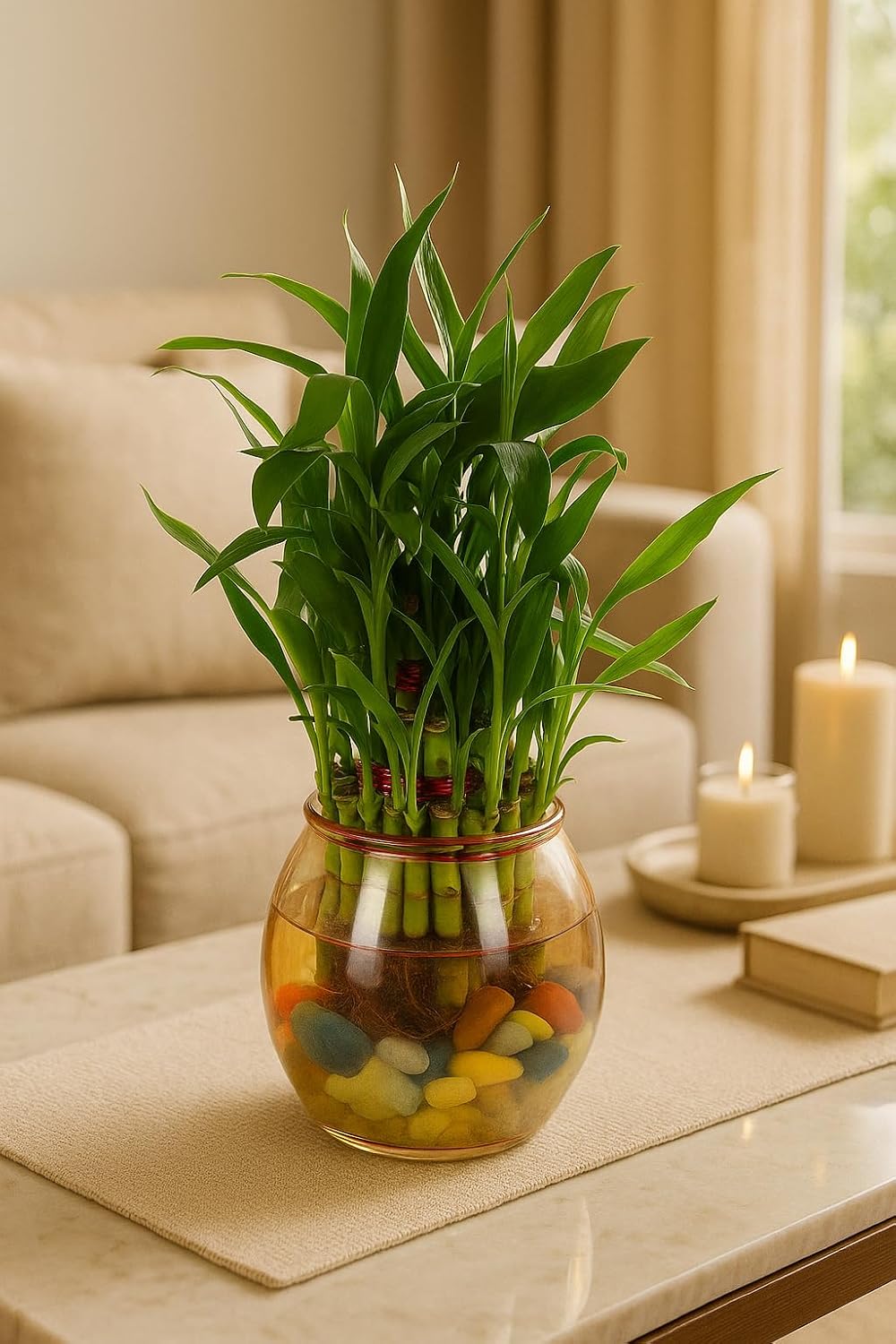 Lucky Bamboo Plant with Lotus Metal Base & Glass Vase | Decorative Indoor Planter for Home & Office Décor