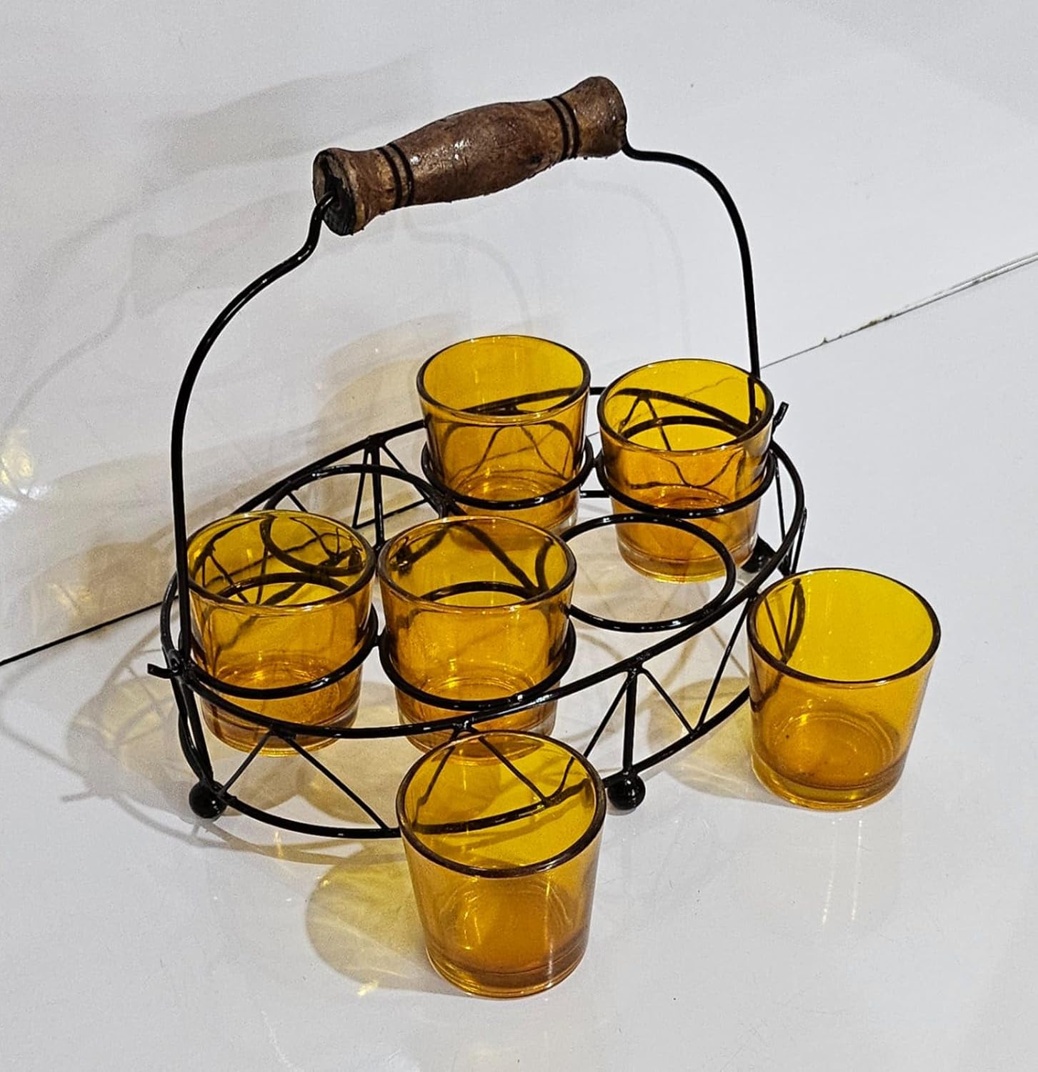 Premium Shot Glass Set of 6 with Metal Stand | 40ml Mini Whisky Vodka Tequila Glasses with Wooden Handle Carrier | Dhaba Style Serving Set for Home Bar & Parties