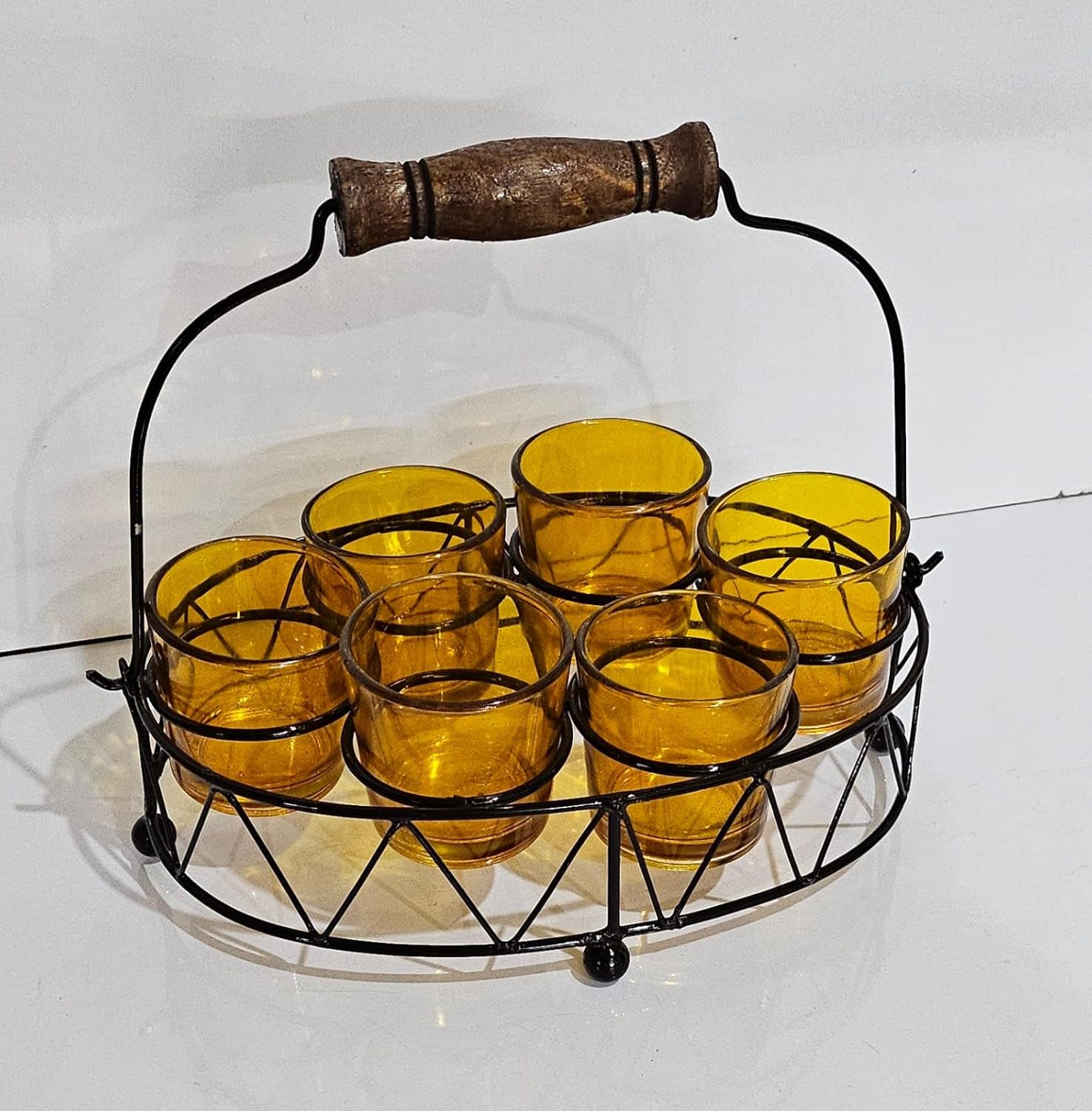 Premium Shot Glass Set of 6 with Metal Stand | 40ml Mini Whisky Vodka Tequila Glasses with Wooden Handle Carrier | Dhaba Style Serving Set for Home Bar & Parties