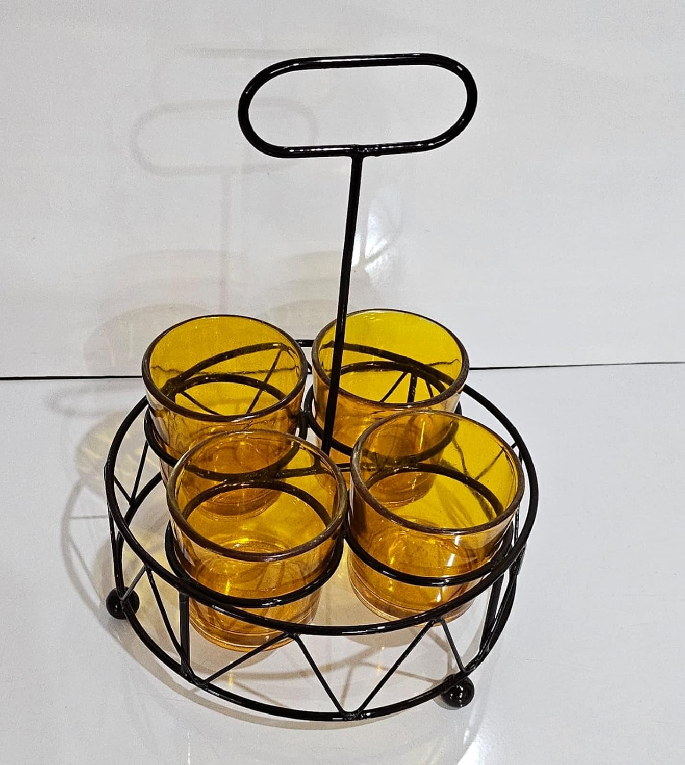 Shot Glass Set Of 4 With Metal Stand | Amber Glass Mini Shot Cups With Round Iron Holder | Dhaba Style Serving Set For Vodka Tequila Whiskey