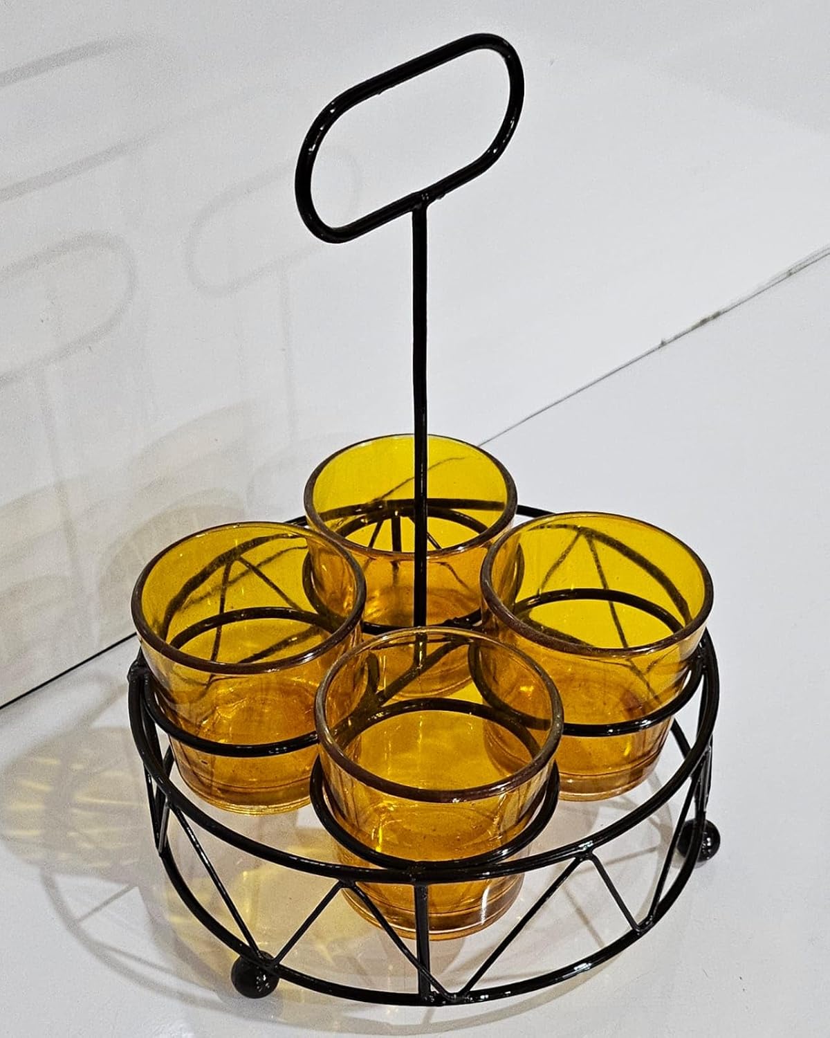 Shot Glass Set Of 4 With Metal Stand | Amber Glass Mini Shot Cups With Round Iron Holder | Dhaba Style Serving Set For Vodka Tequila Whiskey
