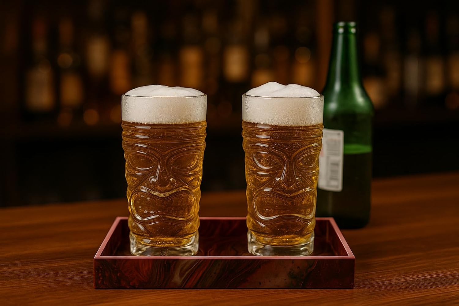 Premium Skull Beer Glass Set with Wooden Tray | 2 x 400ml Designer Skull Glasses with MDF Serving Tray | Stylish Drinkware for Beer, Juice, Cocktails & Home Bar Use