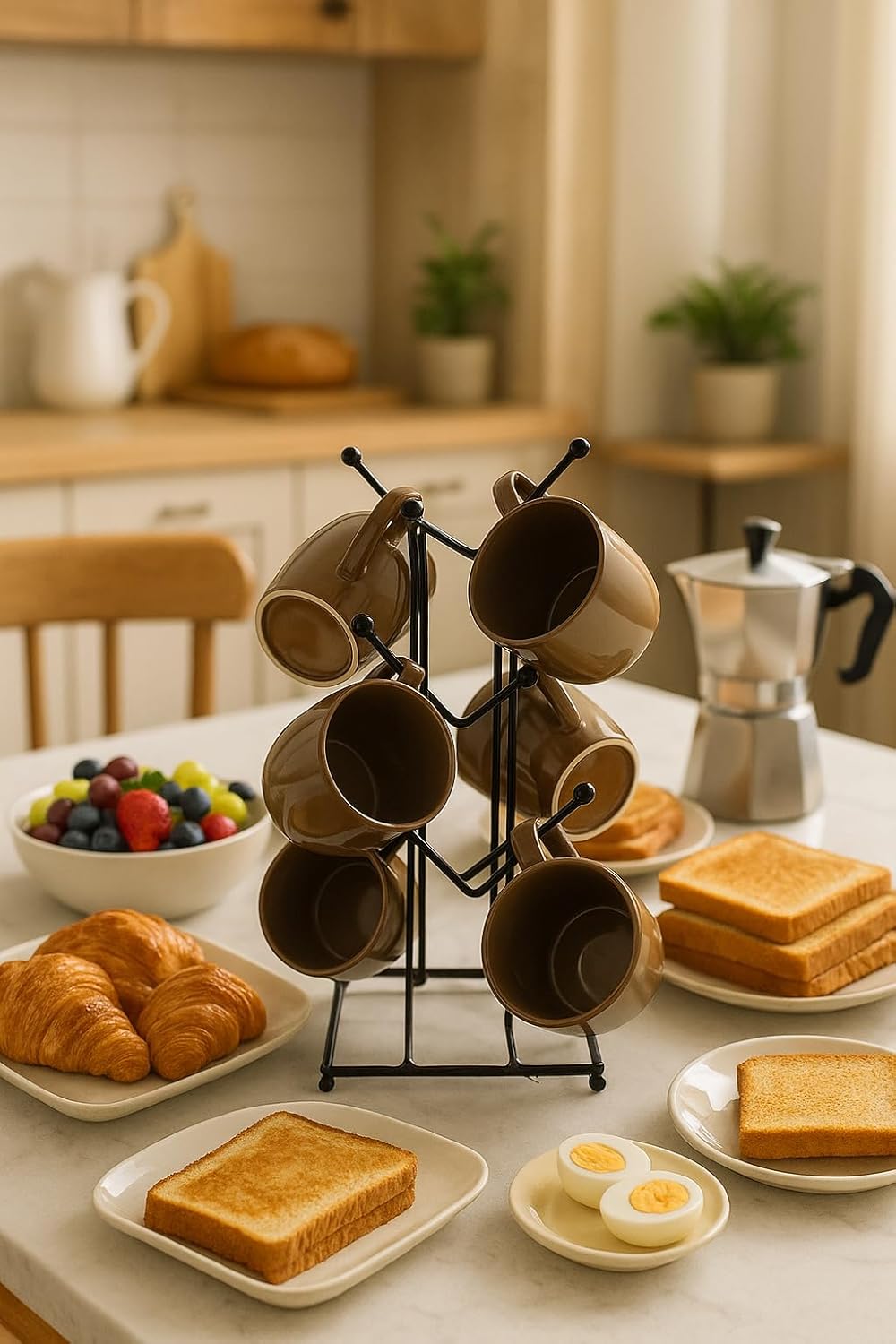 Porcelain Coffee Mug Set Of 6 With Metal Stand | 180ml Brown Ceramic Tea & Coffee Cups For Home, Office & Gifting | Microwave & Dishwasher Safe