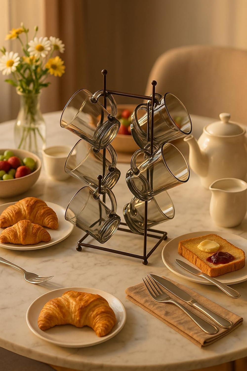 Premium Smokey Glass Mug Set Of 6 With Metal Stand | Transparent Borosilicate Coffee & Tea Cups With Holder | Space Saving Mug Stand For Kitchen & Home