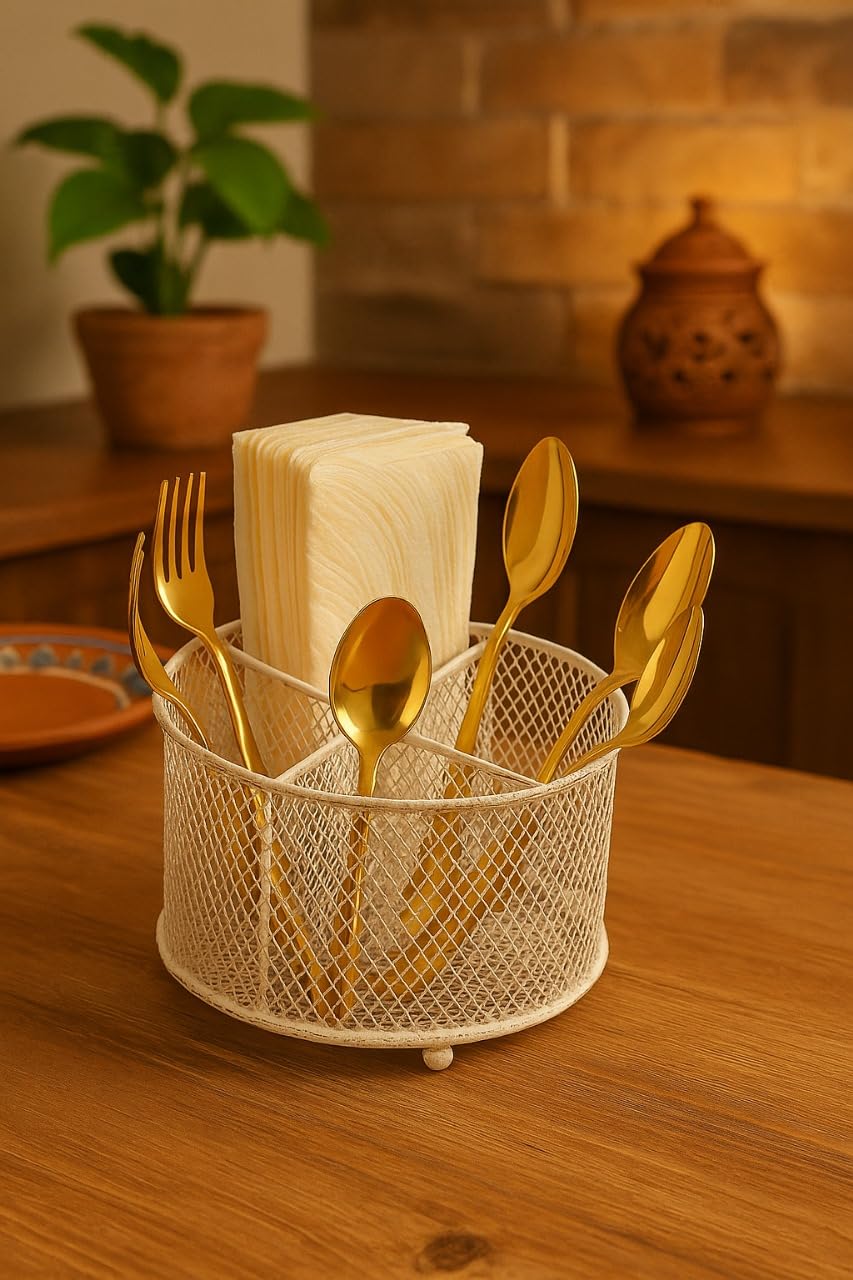 Premium Metal Cutlery Holder with Handle | 4 Compartment Utensil Caddy Basket Organizer | Portable Spoon, Fork, Knife & Napkin Stand for Kitchen, Dining Table & Home Storage