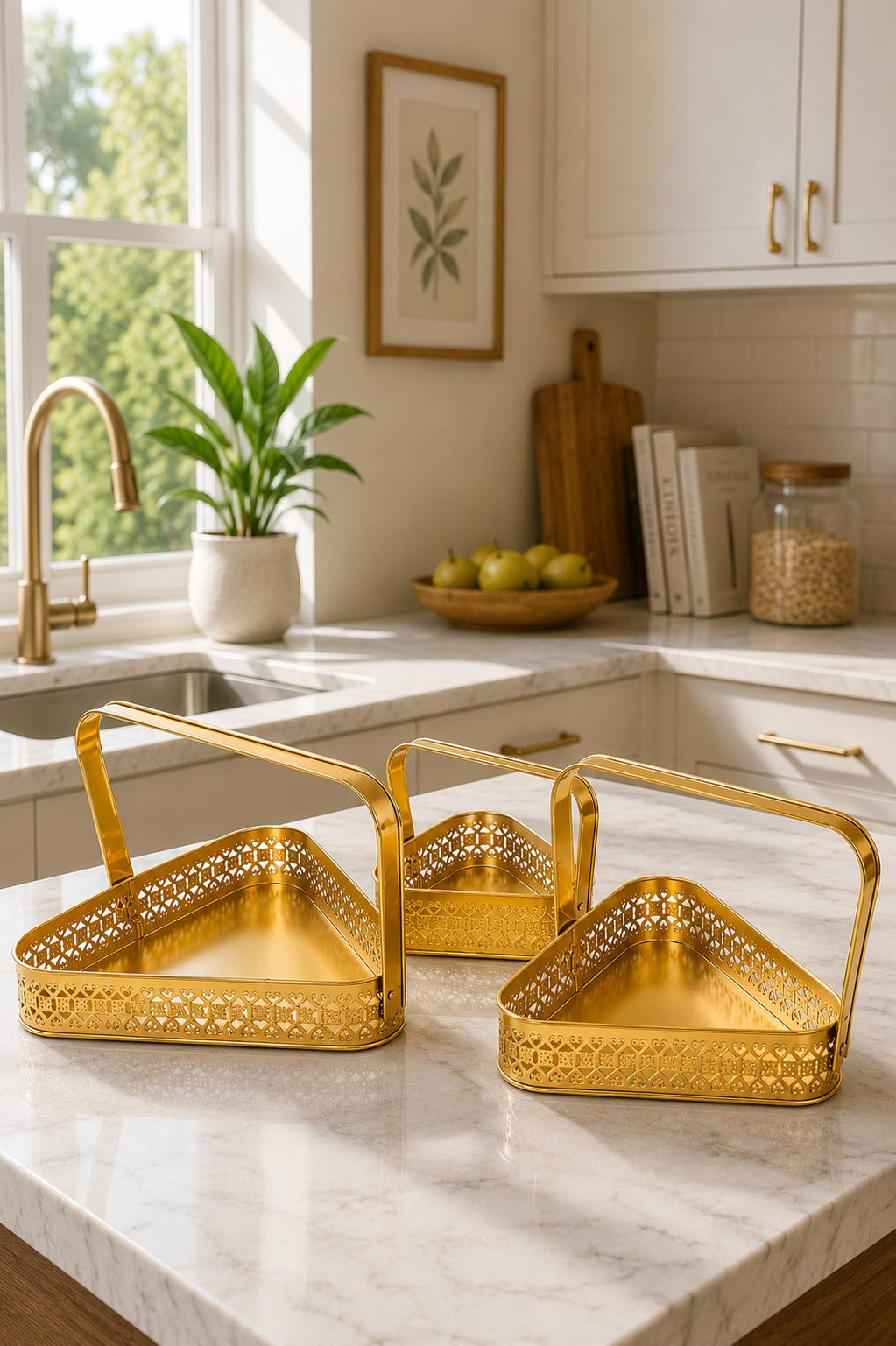 Premium Triangle Metal Basket Set of 3 (Small, Medium & Large) | Gold Metal Gift Hamper Baskets with Handle | Decorative Serving & Organizer Basket Set | Fruit, Dry Fruit & Storage Tray