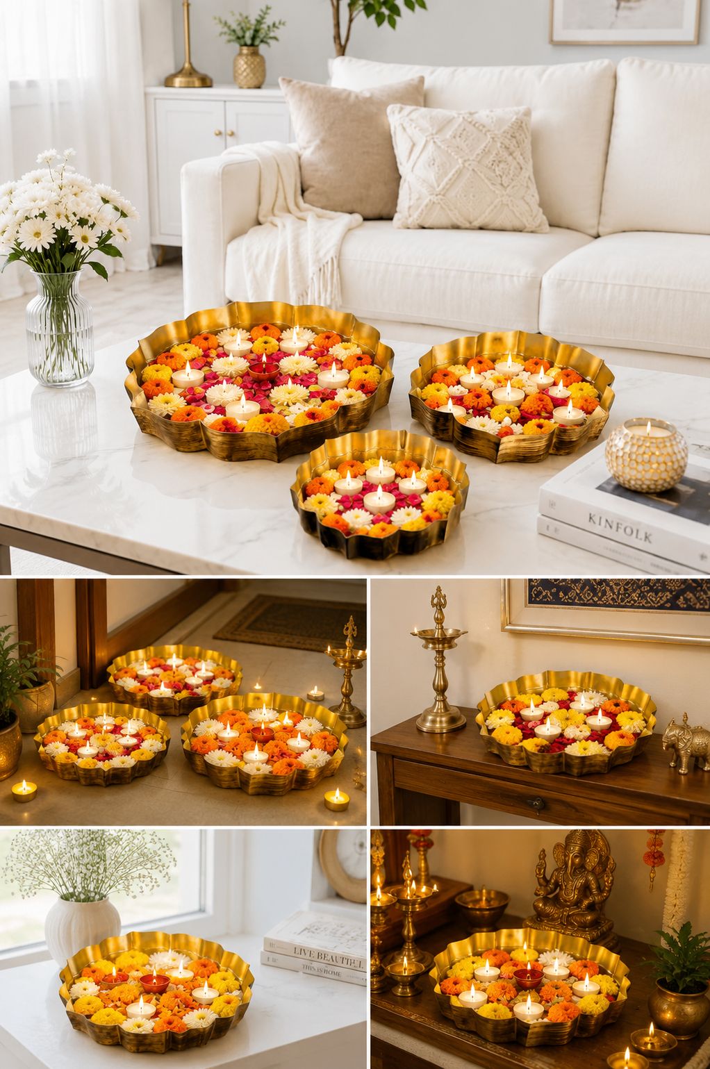 Premium Decorative Urli Bowl Set of 3 | Embossed Hammered Metal Floating Flower Bowls | Antique Gold Finish for Diyas, Candles, Pooja, Diwali, Weddings, Festivals & Home Décor