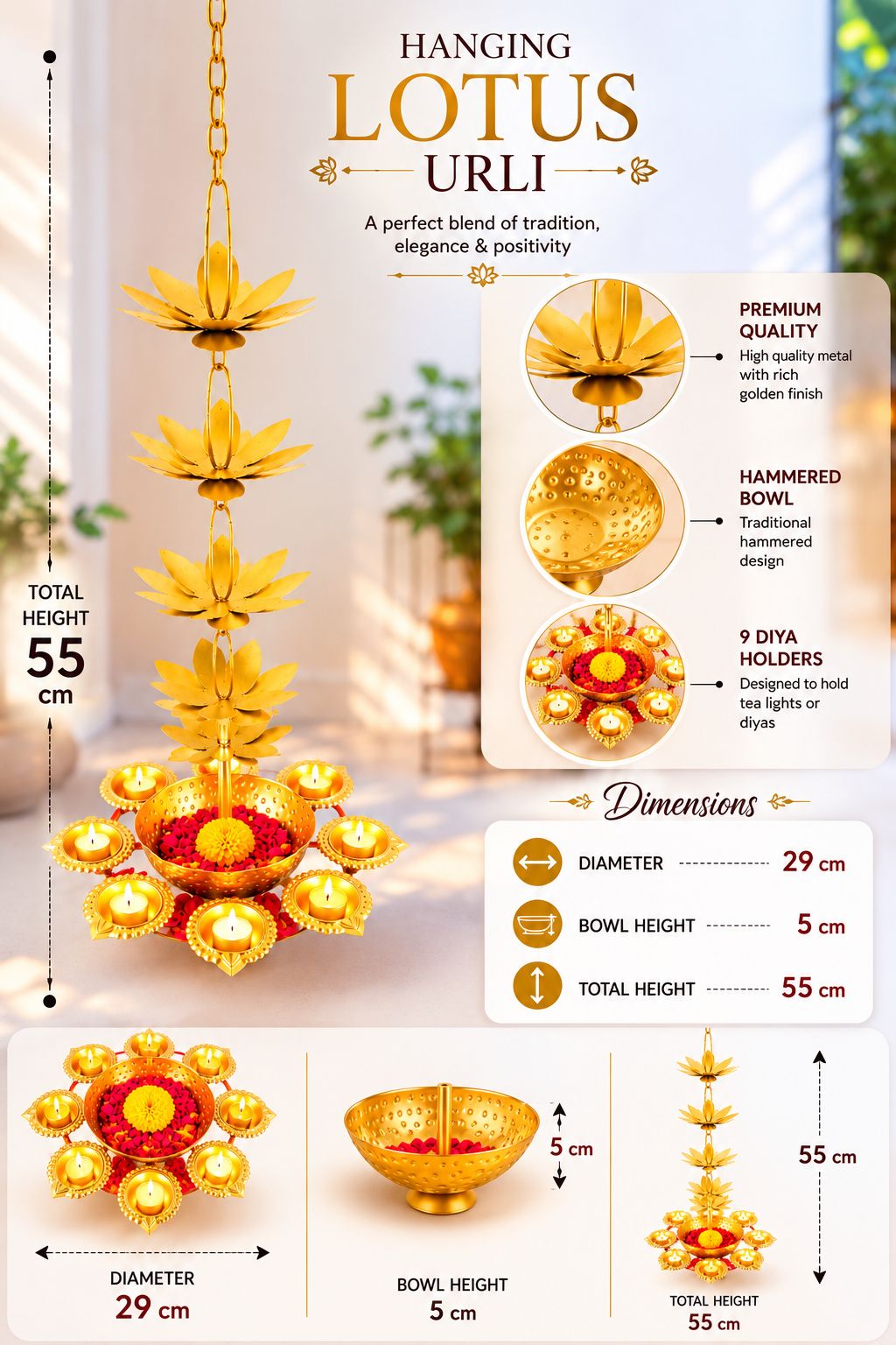 Premium Hanging Lotus Urli with 9 Diya Holders | Decorative Metal Hanging Urli for Floating Flowers, Candles & Water Décor | Traditional Hanging Diya Urli for Diwali, Pooja, Wedding & Home Decoration