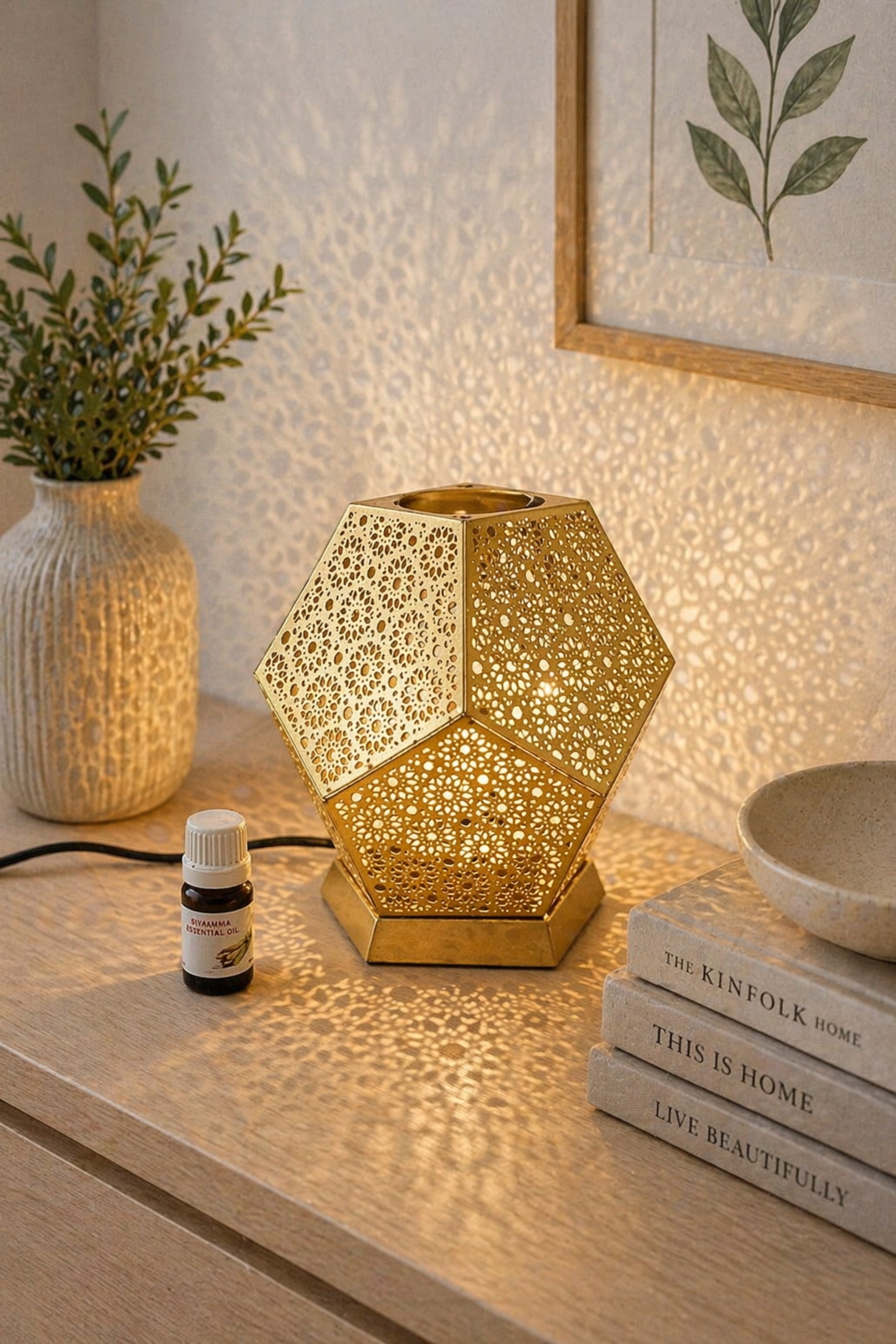 Golden Metal Electric Aroma Diffuser Lamp with Laser Cut Shadow Design | Essential Oil Burner with Warm Light for Home Décor, Bedroom, Spa, Diwali Gifting & Relaxation