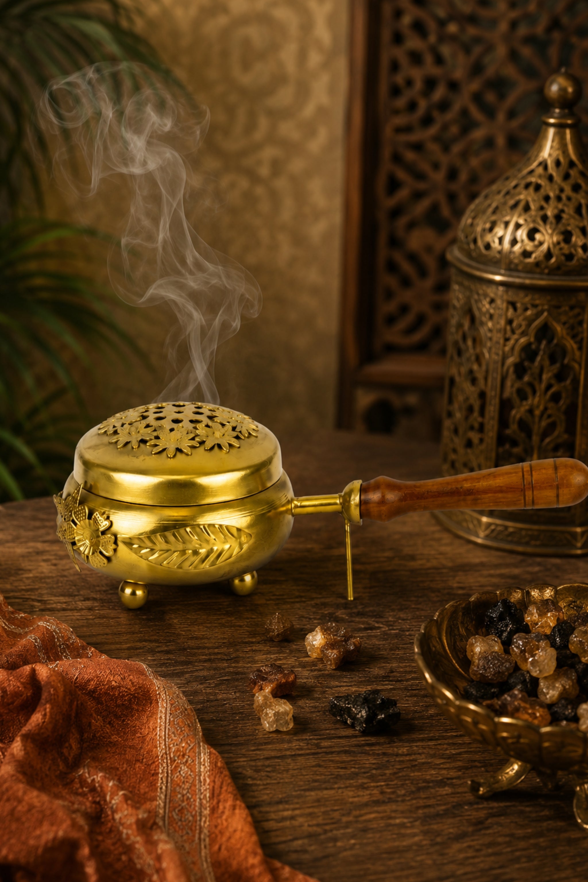 Brass Loban Incense Burner with Wooden Handle | Floral Design Dhoop Dani Dhuni Sambrani Bakhoor Burner | Handheld Incense Holder
