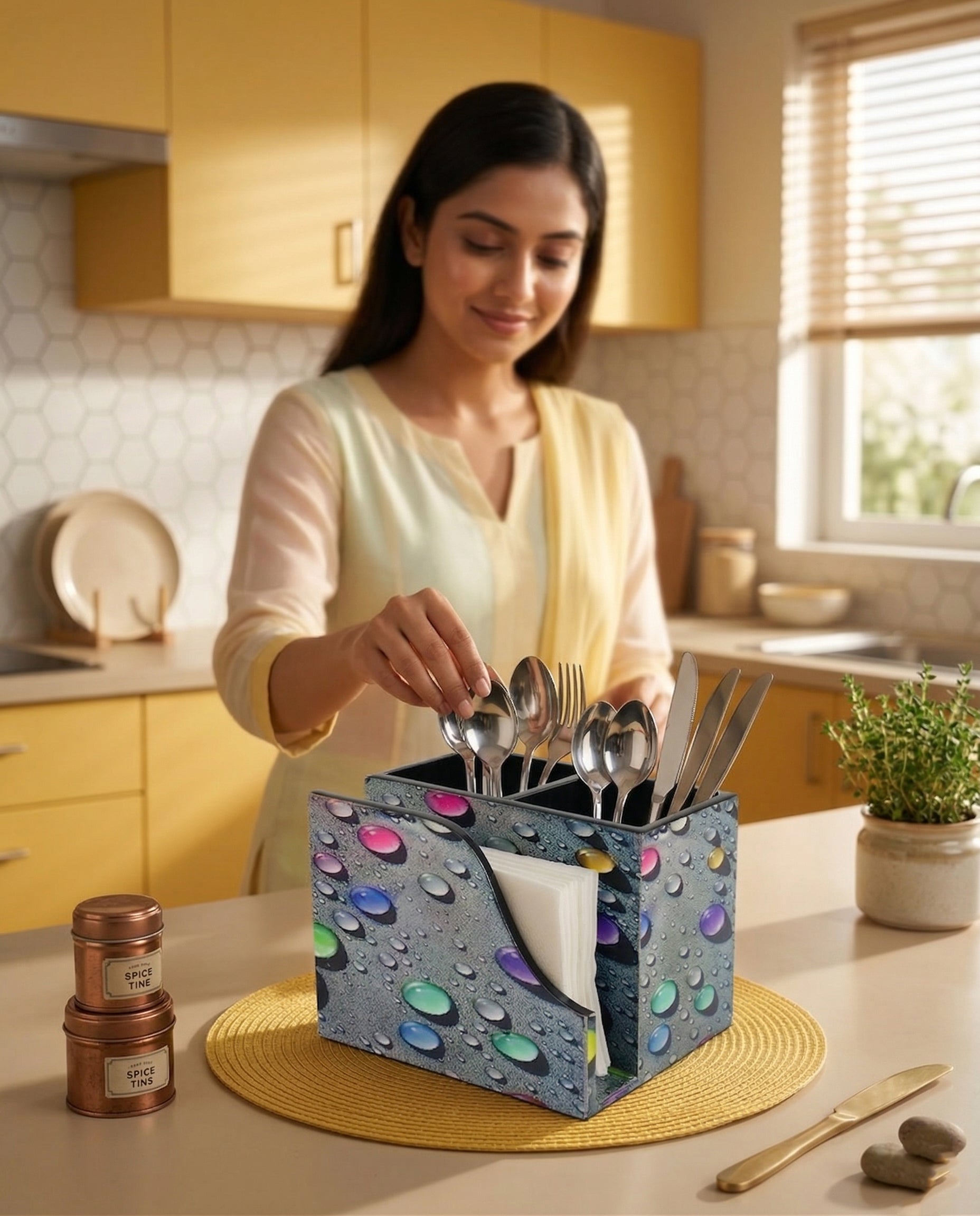 Premium MDF Cutlery & Napkin Holder | Designer Bubble Printed Wooden Organizer with Dual Compartments | Spoon, Fork, Knife & Tissue Stand for Dining Table, Kitchen & Home Décor