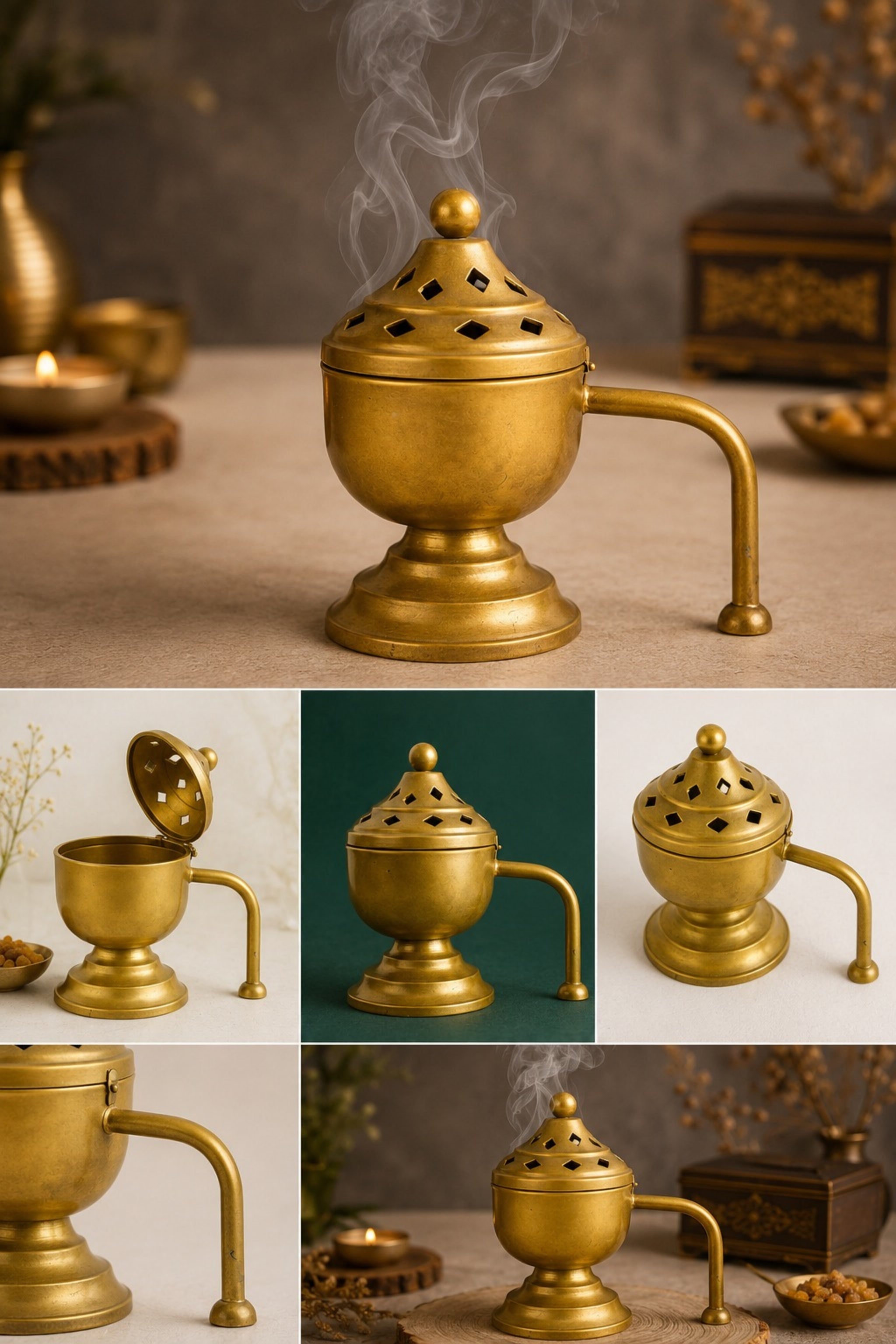 Brass Finish Metal Dhoop Dani with Wooden Handle & Lid for Pooja, Loban & Sambrani Burning | Covered Incense Burner for Home Temple, Havan, Vastu & Premium Festive Gift Item