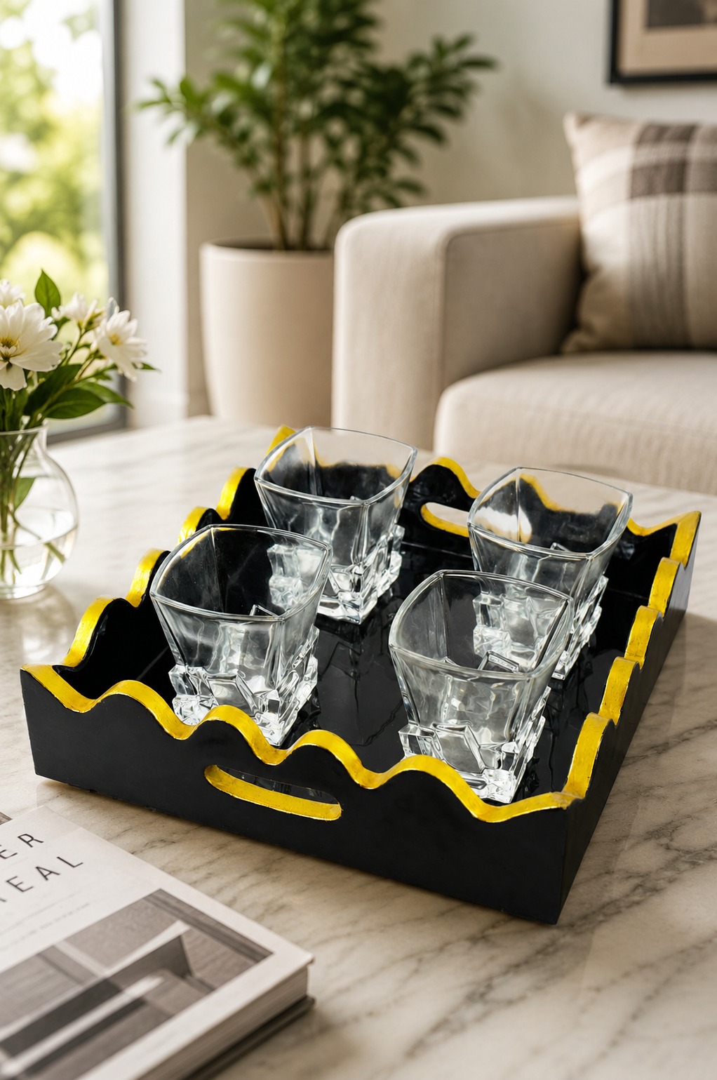 Premium Square Crystal Glass Set with Decorative MDF Serving Tray | 4 Heavy Base Drinking Glasses with Luxury Black & Gold Tray | Whisky, Juice, Water, Cocktails & Gift Set for Home Bar