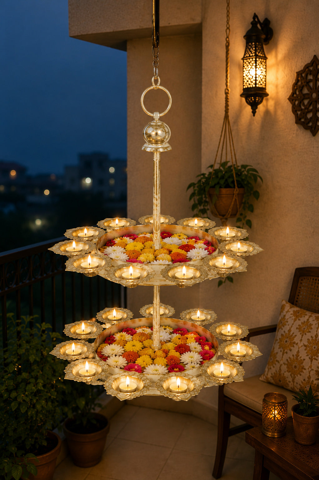 Premium Dual Layer Urli Bowl with 24 Tea Light Holders | Decorative Metal Floating Flower Stand | Antique Gold & Ivory Finish for Diwali, Pooja, Weddings, Festivals & Home Décor