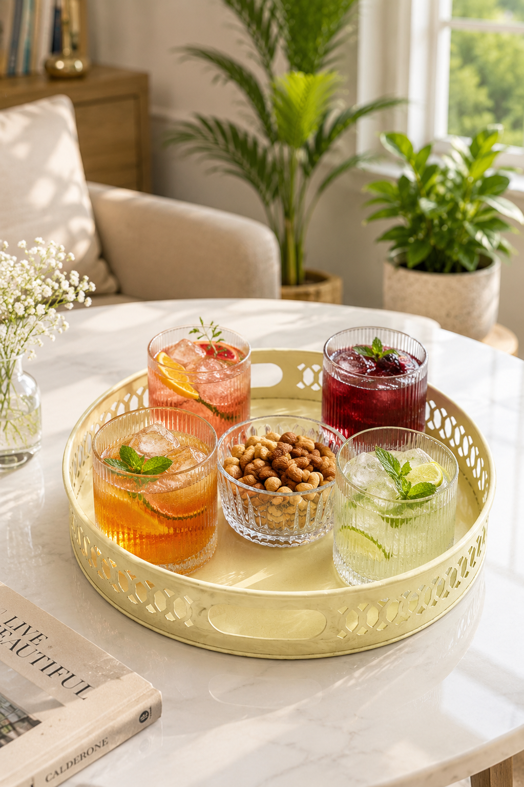 Premium Dancing Glass Serving Set with Round Metal Tray | 4 Self-Balancing Rocking Glasses & 1 Crystal Snack Bowl | Decorative Beverage Serving Set for Tea, Juice, Whisky, Cocktails & Home Décor