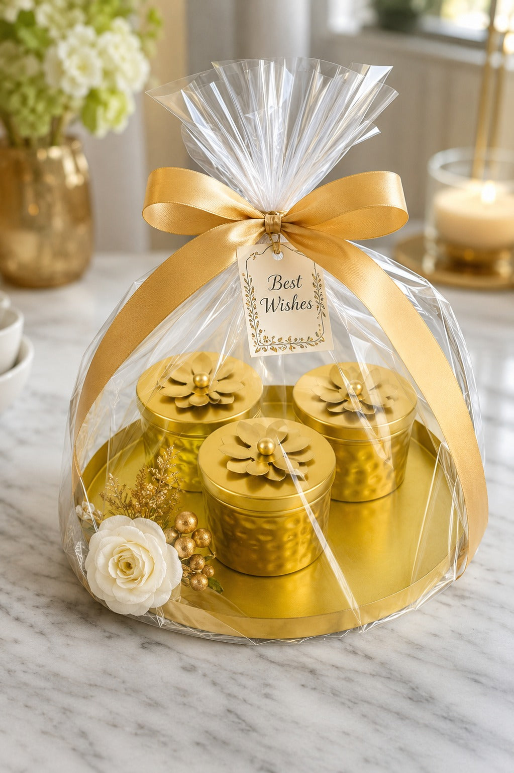 Premium 3 Piece Metal Storage Container Set with Round Serving Tray | Gold Dry Fruit, Mukhwas & Spice Container Set | Decorative Kitchen Organizer for Home, Dining & Gifting