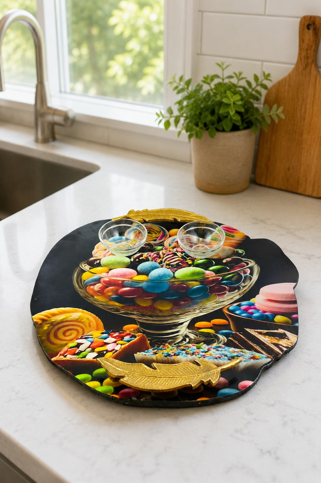 Premium MDF Snack Serving Platter with 2 Glass Dip Bowls | Decorative Serving Tray with Gold Feather Handles | Multipurpose Food Serving Board for Samosa, Momos, Fries, Nachos, Pizza & Snacks