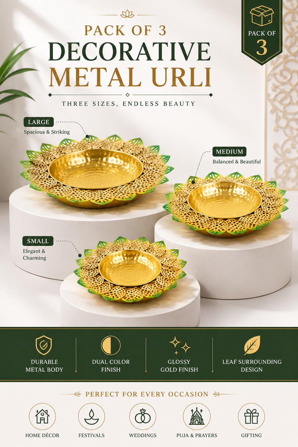 Decorative Lotus Metal Urli Bowl Set for Floating Flowers & Candles | Designer Festival & Home Decor (Set of 3, Green & Gold)