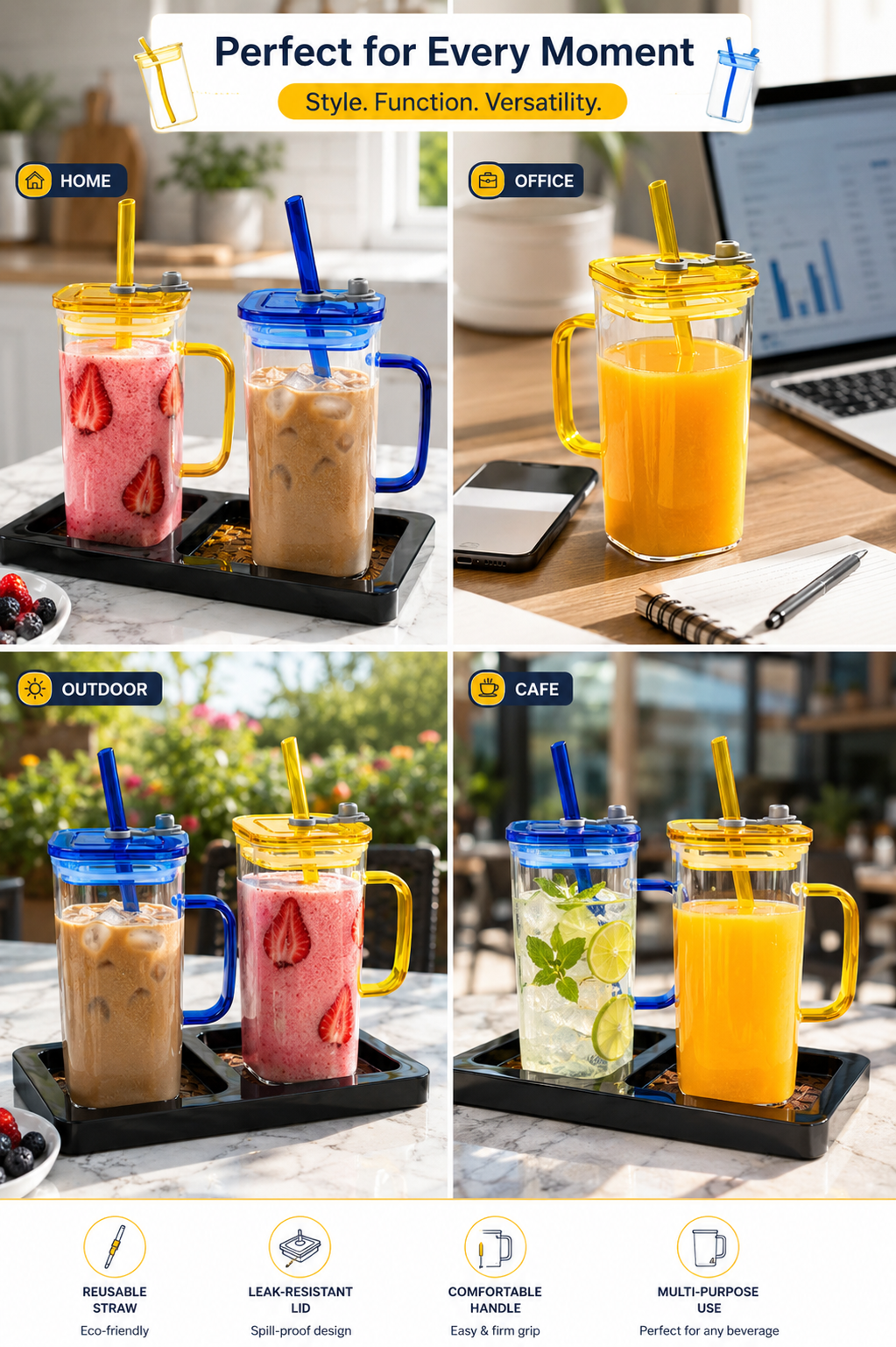 Double Wall Juice Glass Set Of 2 With Lid & Straw With MDF Serving Tray | Square Transparent Drink Glasses For Juice Water Cold Coffee Smoothies