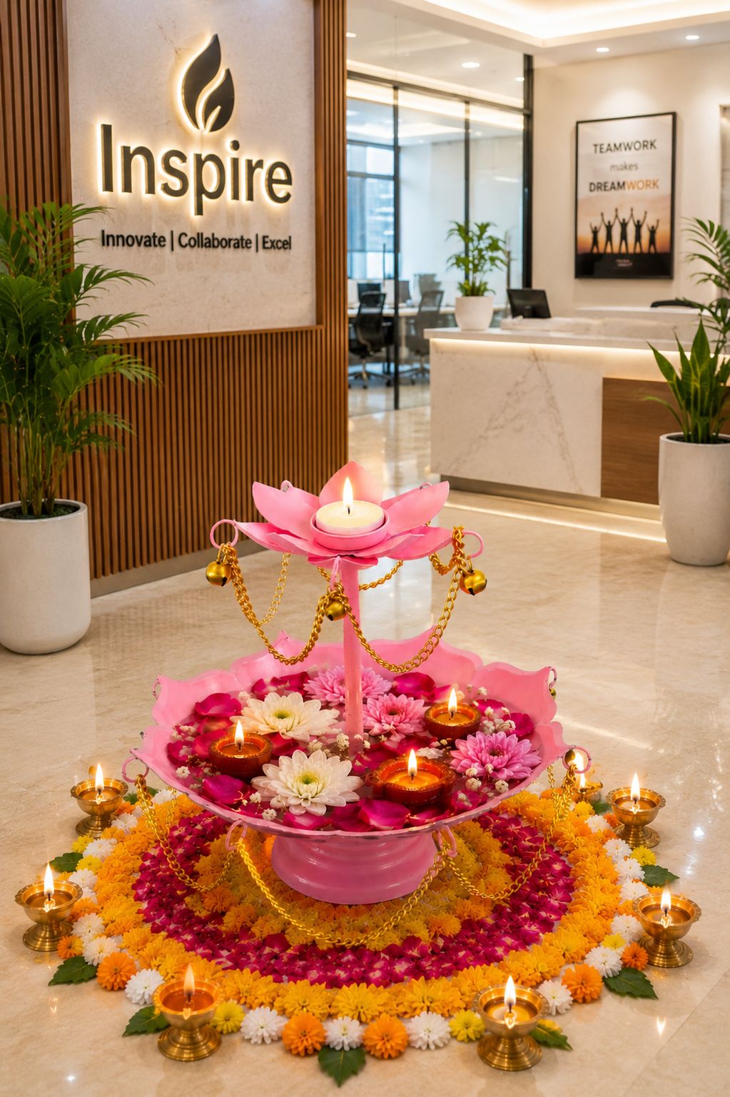 Pink Metal Urli Bowl with Diya Stand & Hanging Chain Design for Floating Flowers & Candles | Decorative Centerpiece for Diwali, Wedding, Home Décor & Festive Gifting