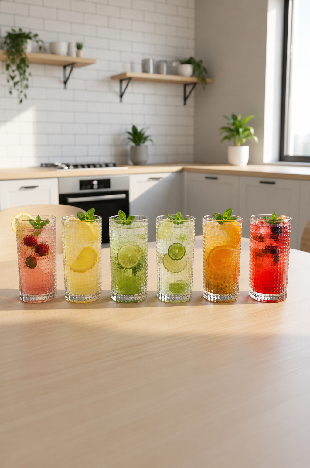 Premium Textured Glass Tumbler Set with Metal Serving Tray | 6 Smoke Grey Drinking Glasses & Decorative Metal Tray for Water, Juice, Cocktails, Mocktails & Everyday Serving
