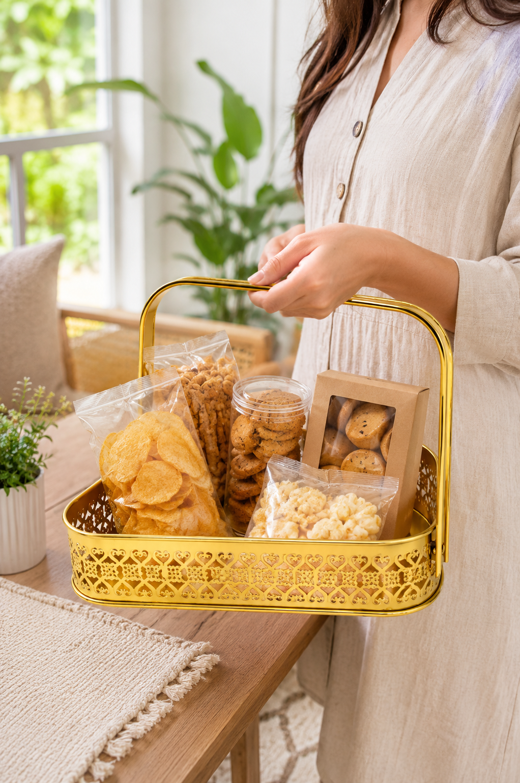 Premium Triangle Metal Basket with Handle (Small) | Decorative Gold Serving Basket | Gift Hamper Basket | Fruit & Dry Fruit Basket | Metal Organizer Tray for Home Décor
